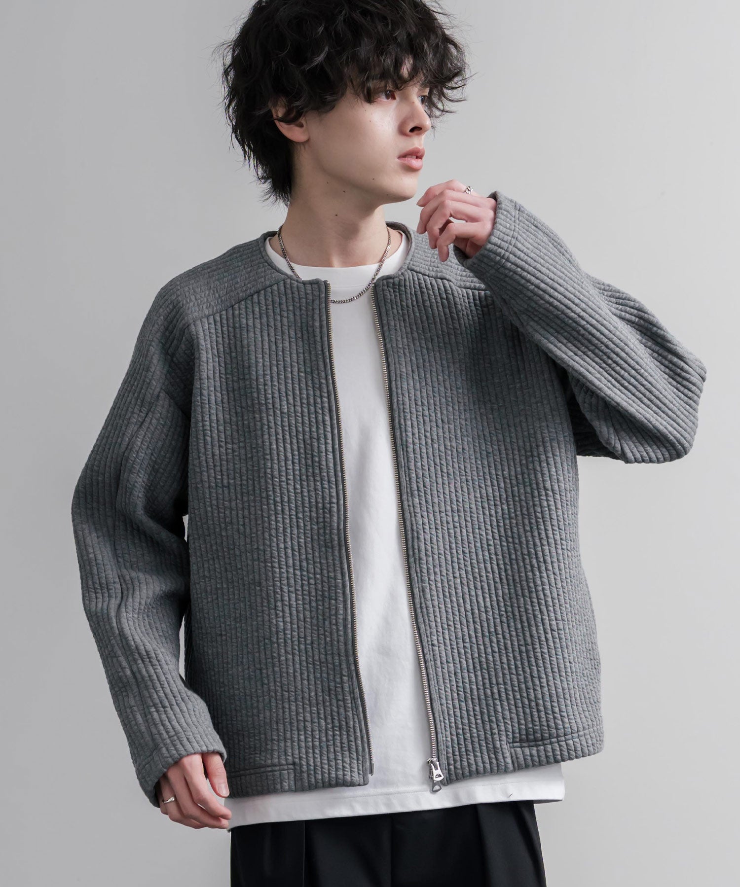 Upscape Audience アップスケープオーディエンス 日本製 国産 尾州コットンキルトノーカラーダブルジップジャケット AUD7411 16568