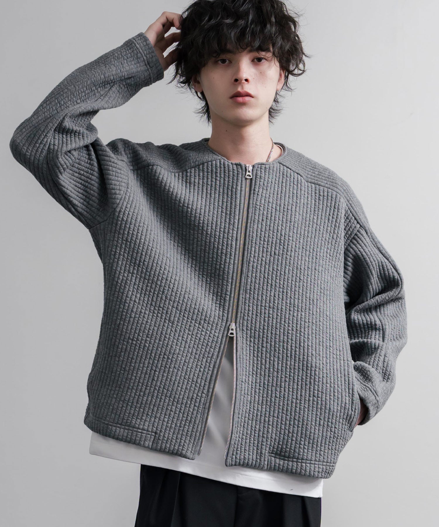 Upscape Audience アップスケープオーディエンス 日本製 国産 尾州コットンキルトノーカラーダブルジップジャケット AUD7411 16568