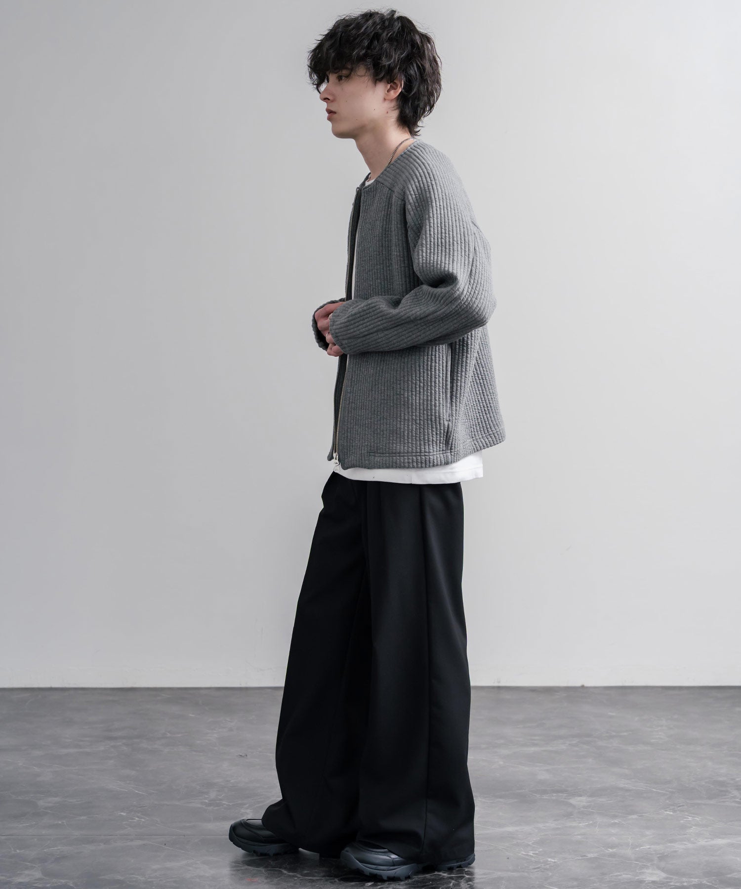 Upscape Audience アップスケープオーディエンス 日本製 国産 尾州コットンキルトノーカラーダブルジップジャケット AUD7411 16568