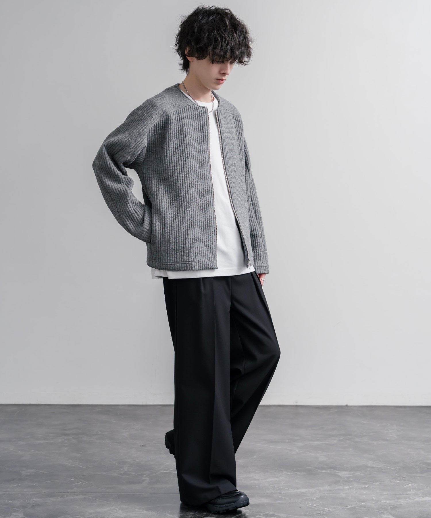 Upscape Audience アップスケープオーディエンス 日本製 国産 尾州コットンキルトノーカラーダブルジップジャケット AUD7411 16568