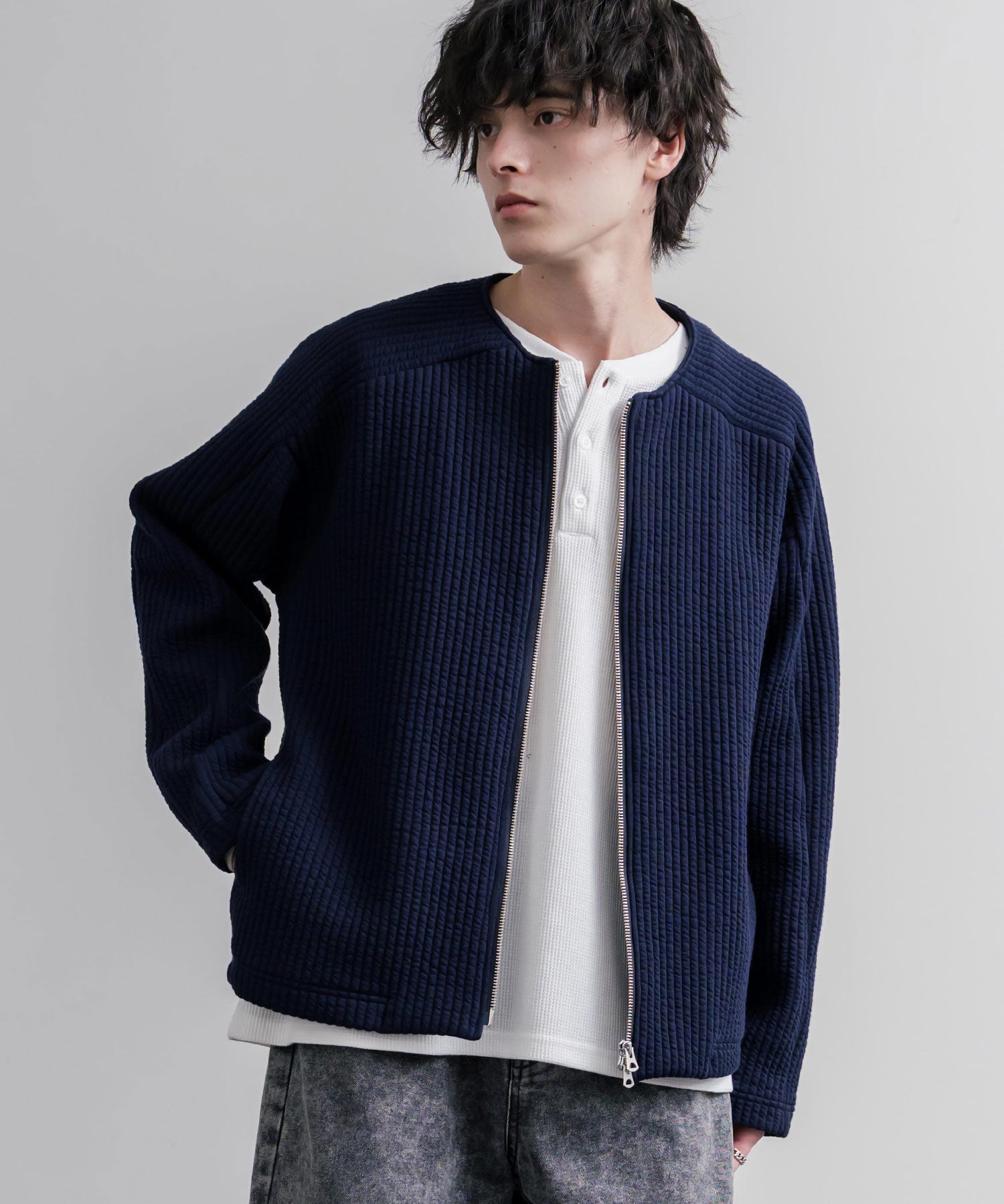 Upscape Audience アップスケープオーディエンス 日本製 国産 尾州コットンキルトノーカラーダブルジップジャケット AUD7411 16568