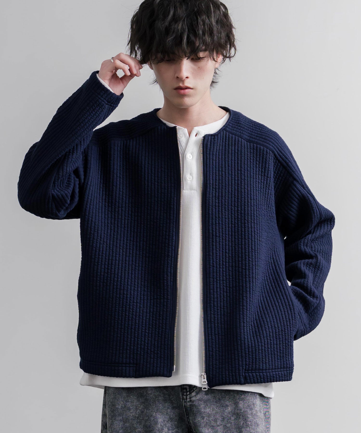 Upscape Audience アップスケープオーディエンス 日本製 国産 尾州コットンキルトノーカラーダブルジップジャケット AUD7411 16568