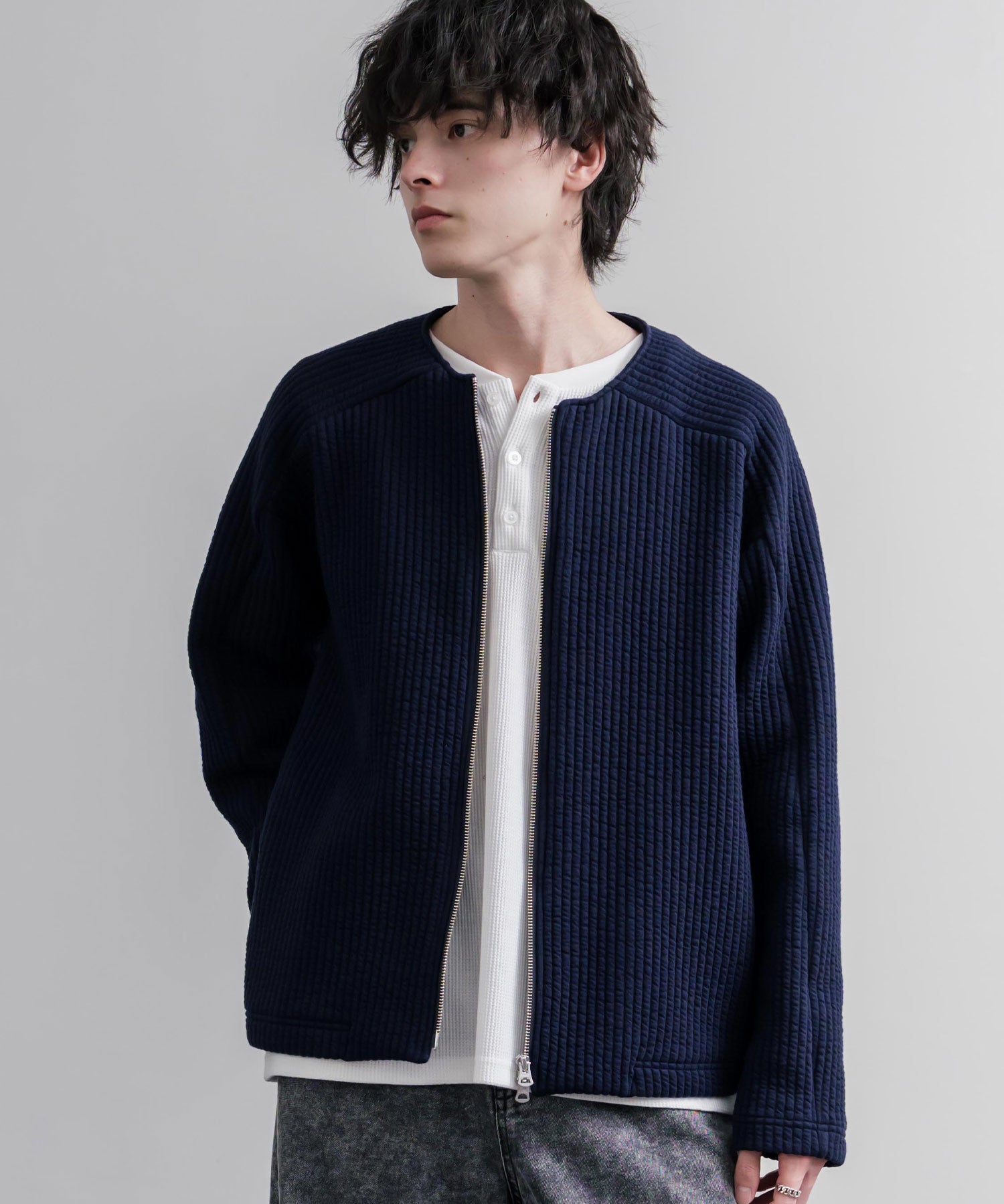 Upscape Audience アップスケープオーディエンス 日本製 国産 尾州コットンキルトノーカラーダブルジップジャケット AUD7411 16568