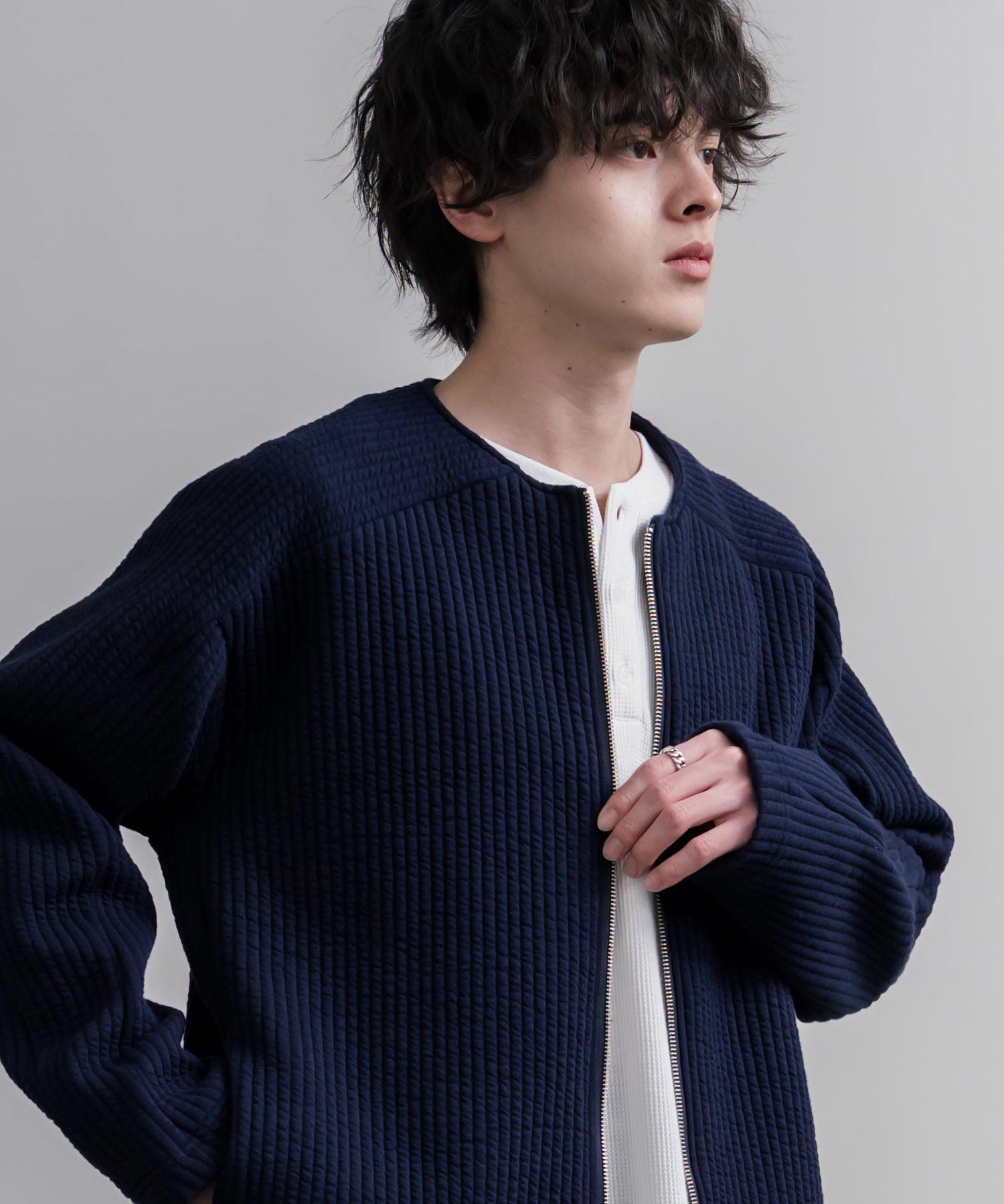 Upscape Audience アップスケープオーディエンス 日本製 国産 尾州コットンキルトノーカラーダブルジップジャケット AUD7411 16568