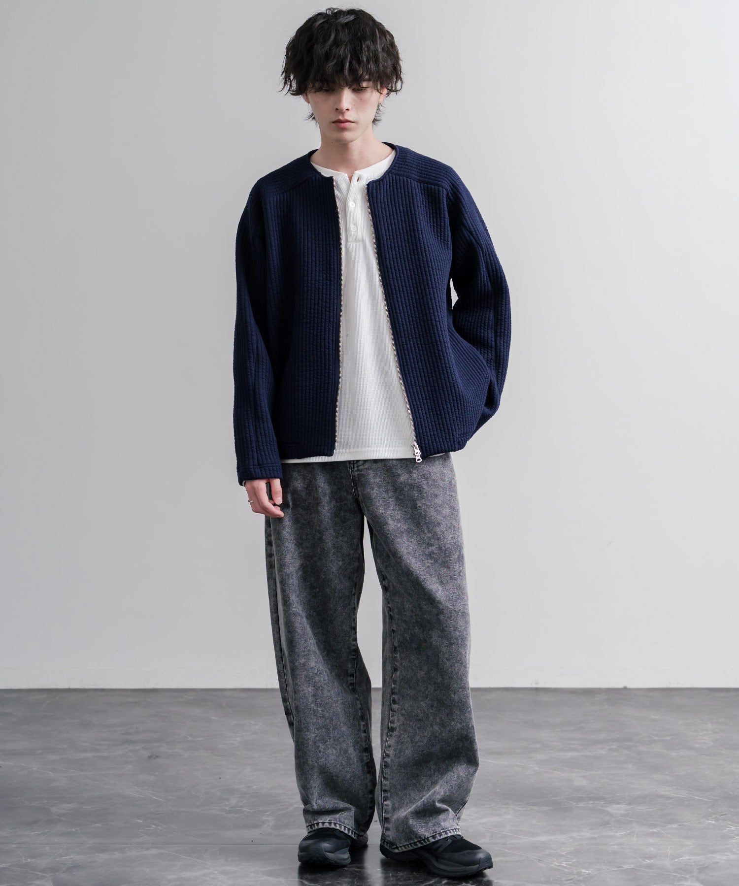 Upscape Audience アップスケープオーディエンス 日本製 国産 尾州コットンキルトノーカラーダブルジップジャケット AUD7411 16568