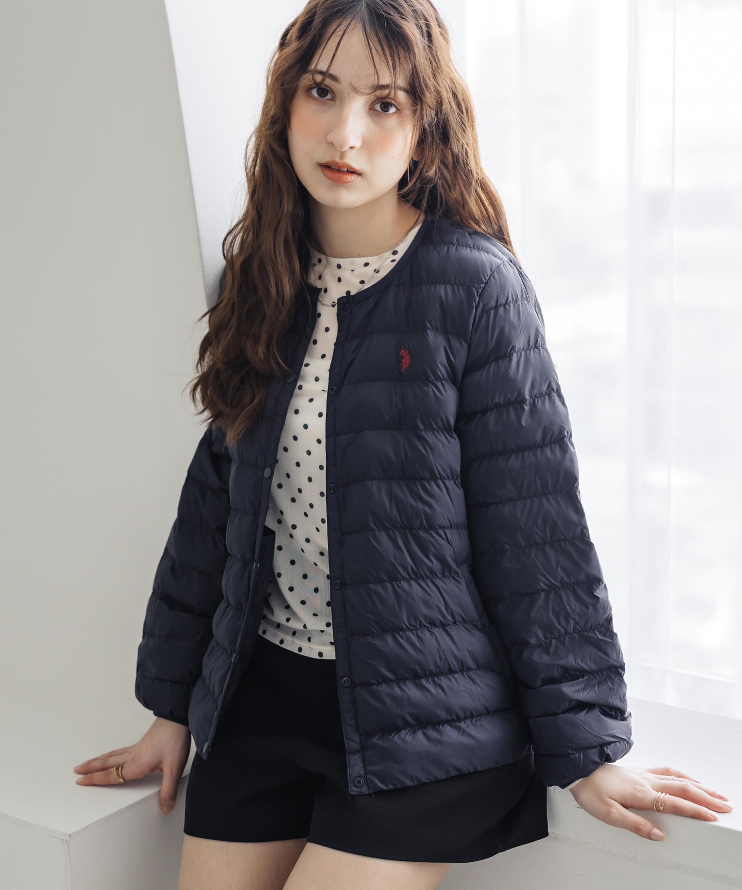 U.S. POLO ASSN. ユーエスポロアッスン W's ワンポイントロゴ刺繍中綿ノーカラーキルトジャケット 16571