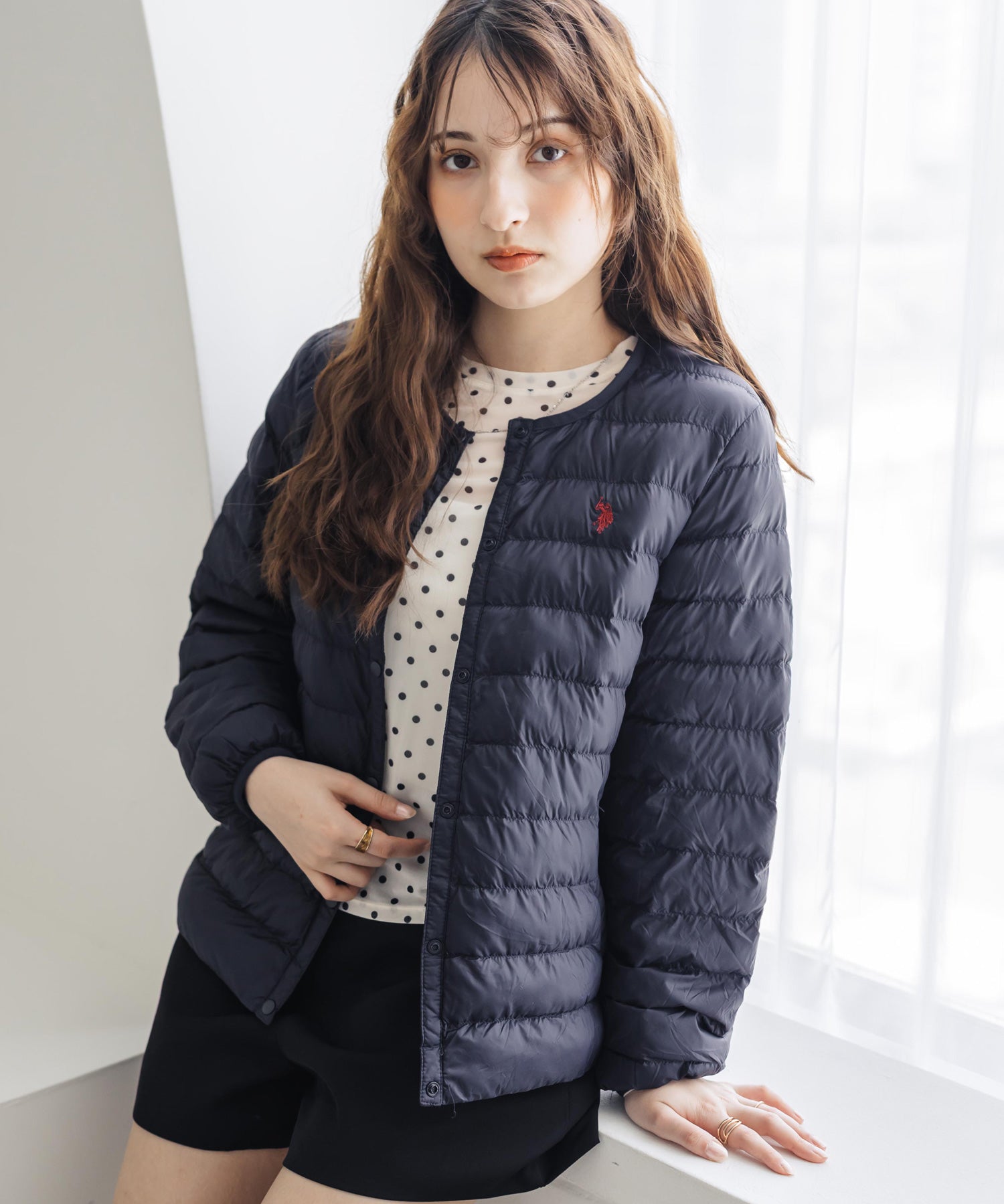 U.S. POLO ASSN. ユーエスポロアッスン W's ワンポイントロゴ刺繍中綿ノーカラーキルトジャケット 16571
