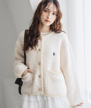 U.S. POLO ASSN. ユーエスポロアッスン W's オーバーサイズワンポイントロゴ刺繍ノーカラーニットボアジャケット/ゴールドボタンニットカーディガン 16584