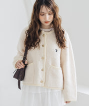U.S. POLO ASSN. ユーエスポロアッスン W's オーバーサイズワンポイントロゴ刺繍ノーカラーニットボアジャケット/ゴールドボタンニットカーディガン 16584