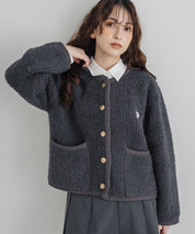 U.S. POLO ASSN. ユーエスポロアッスン W's オーバーサイズワンポイントロゴ刺繍ノーカラーニットボアジャケット/ゴールドボタンニットカーディガン 16584