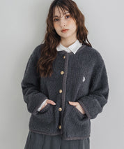 U.S. POLO ASSN. ユーエスポロアッスン W's オーバーサイズワンポイントロゴ刺繍ノーカラーニットボアジャケット/ゴールドボタンニットカーディガン 16584