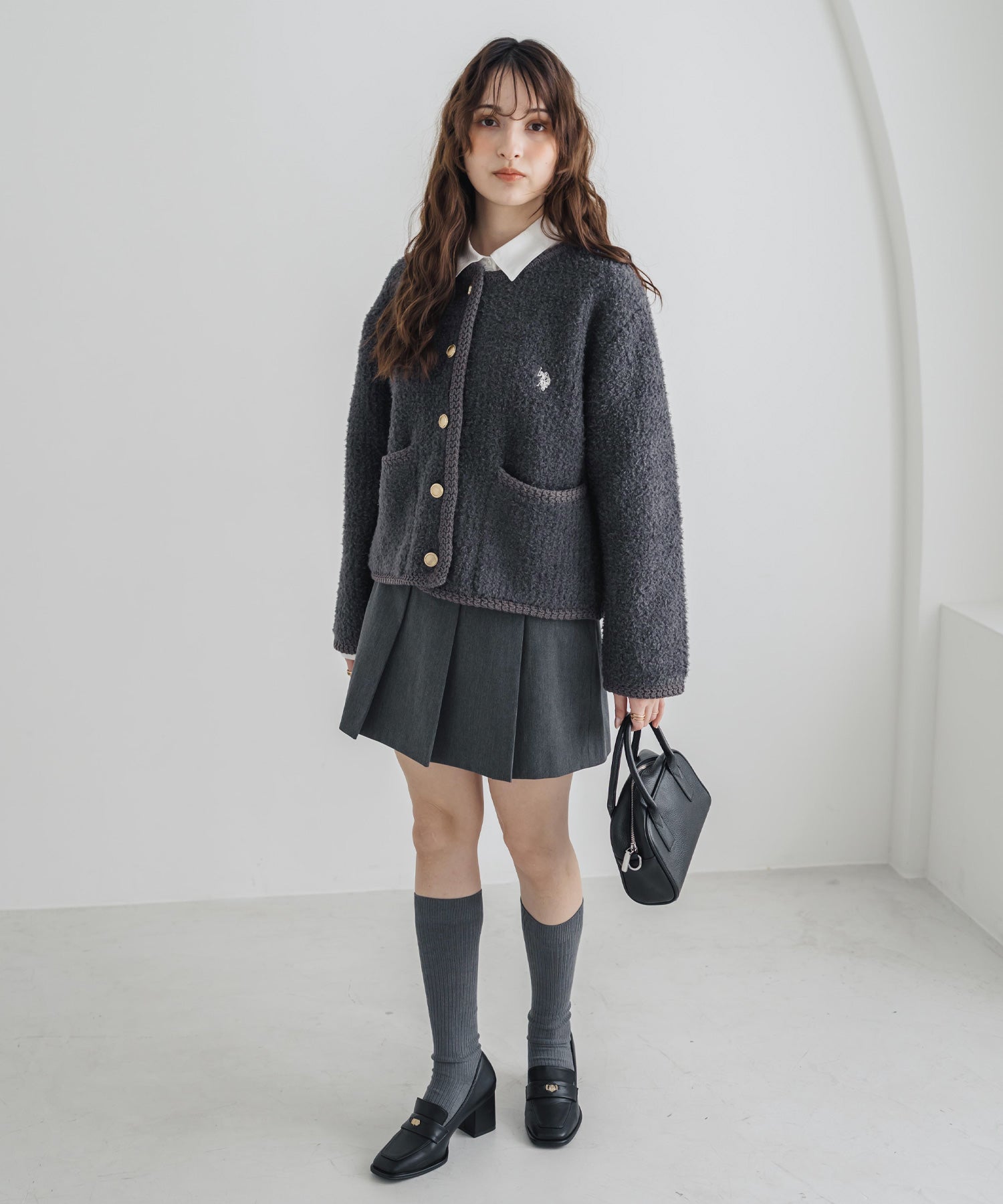 U.S. POLO ASSN. ユーエスポロアッスン W's オーバーサイズワンポイントロゴ刺繍ノーカラーニットボアジャケット/ゴールドボタンニットカーディガン 16584