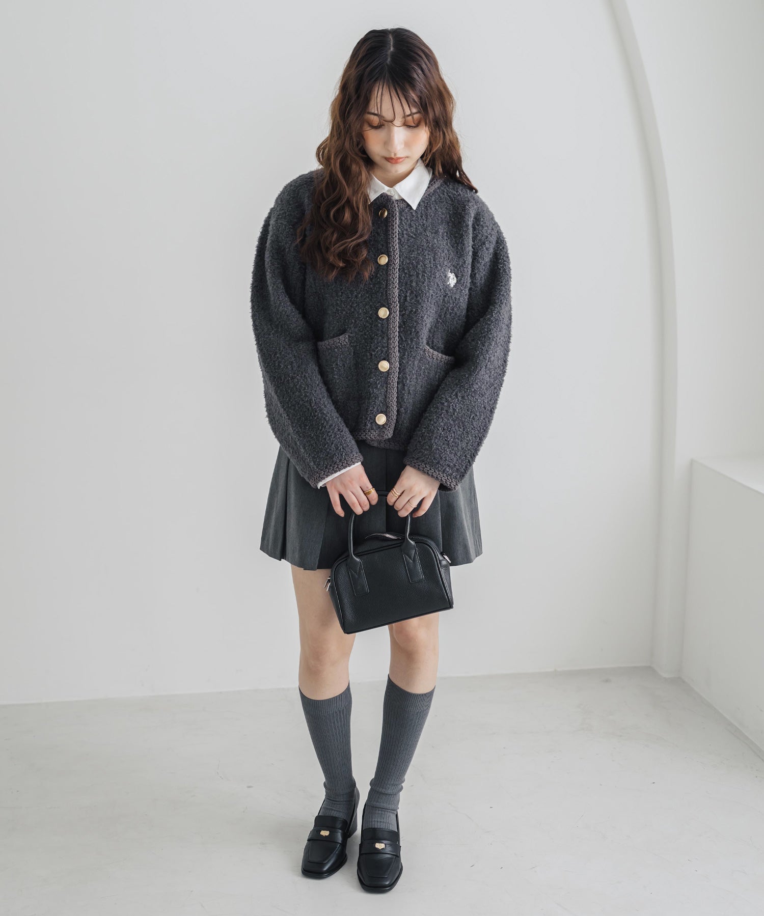 U.S. POLO ASSN. ユーエスポロアッスン W's オーバーサイズワンポイントロゴ刺繍ノーカラーニットボアジャケット/ゴールドボタンニットカーディガン 16584