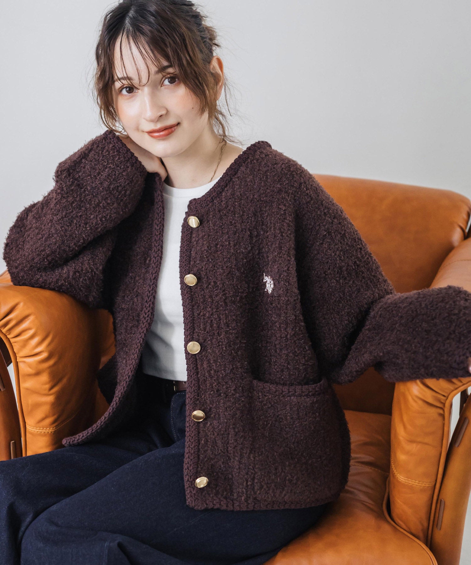 U.S. POLO ASSN. ユーエスポロアッスン W's オーバーサイズワンポイントロゴ刺繍ノーカラーニットボアジャケット/ゴールドボタンニットカーディガン 16584
