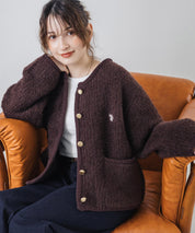 U.S. POLO ASSN. ユーエスポロアッスン W's オーバーサイズワンポイントロゴ刺繍ノーカラーニットボアジャケット/ゴールドボタンニットカーディガン 16584