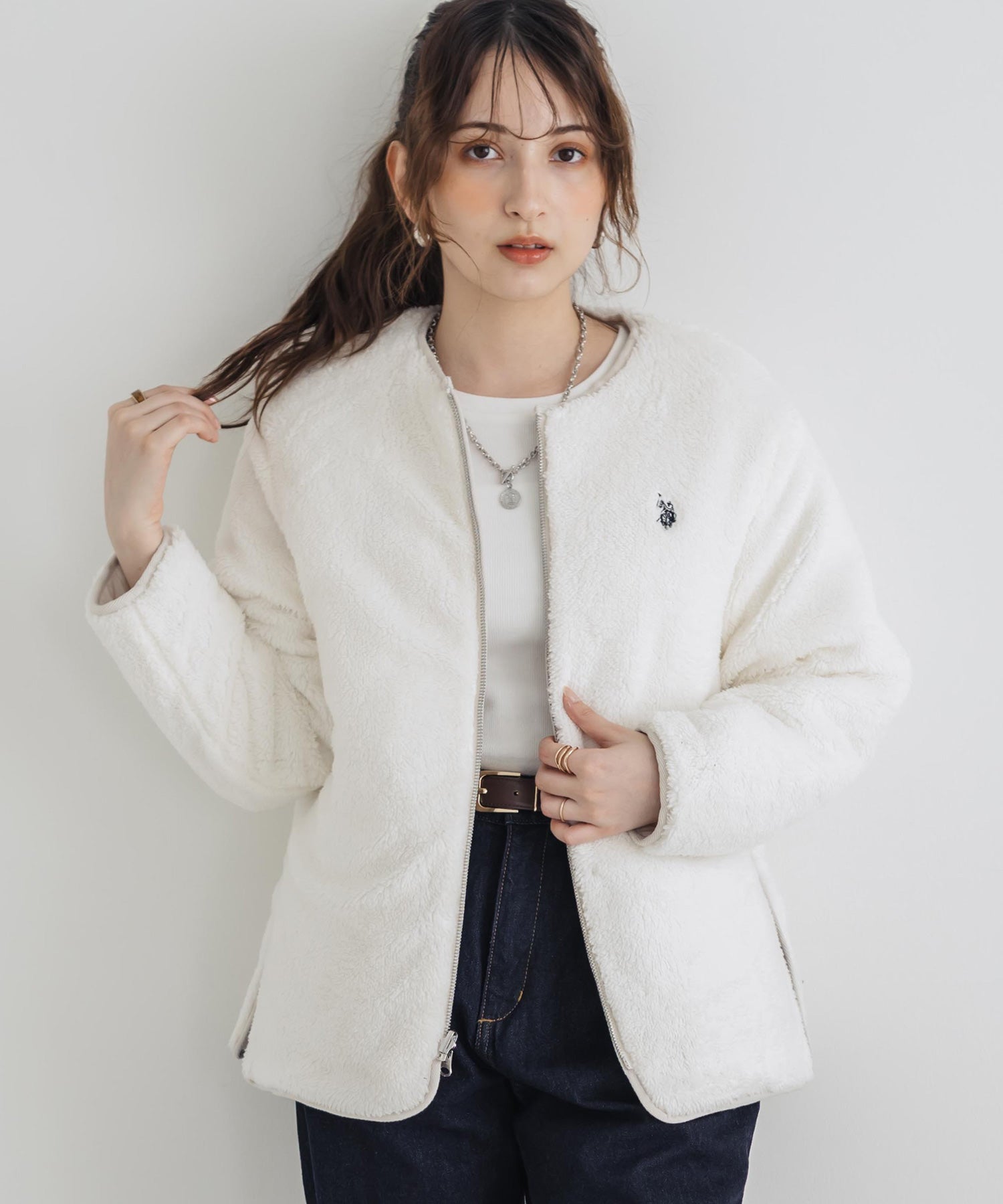 U.S. POLO ASSN. ユーエスポロアッスン W's 2WAYリバーシブルワンポイントロゴ刺繍中綿ノーカラーキルトジャケット/ボアジャケット 16585