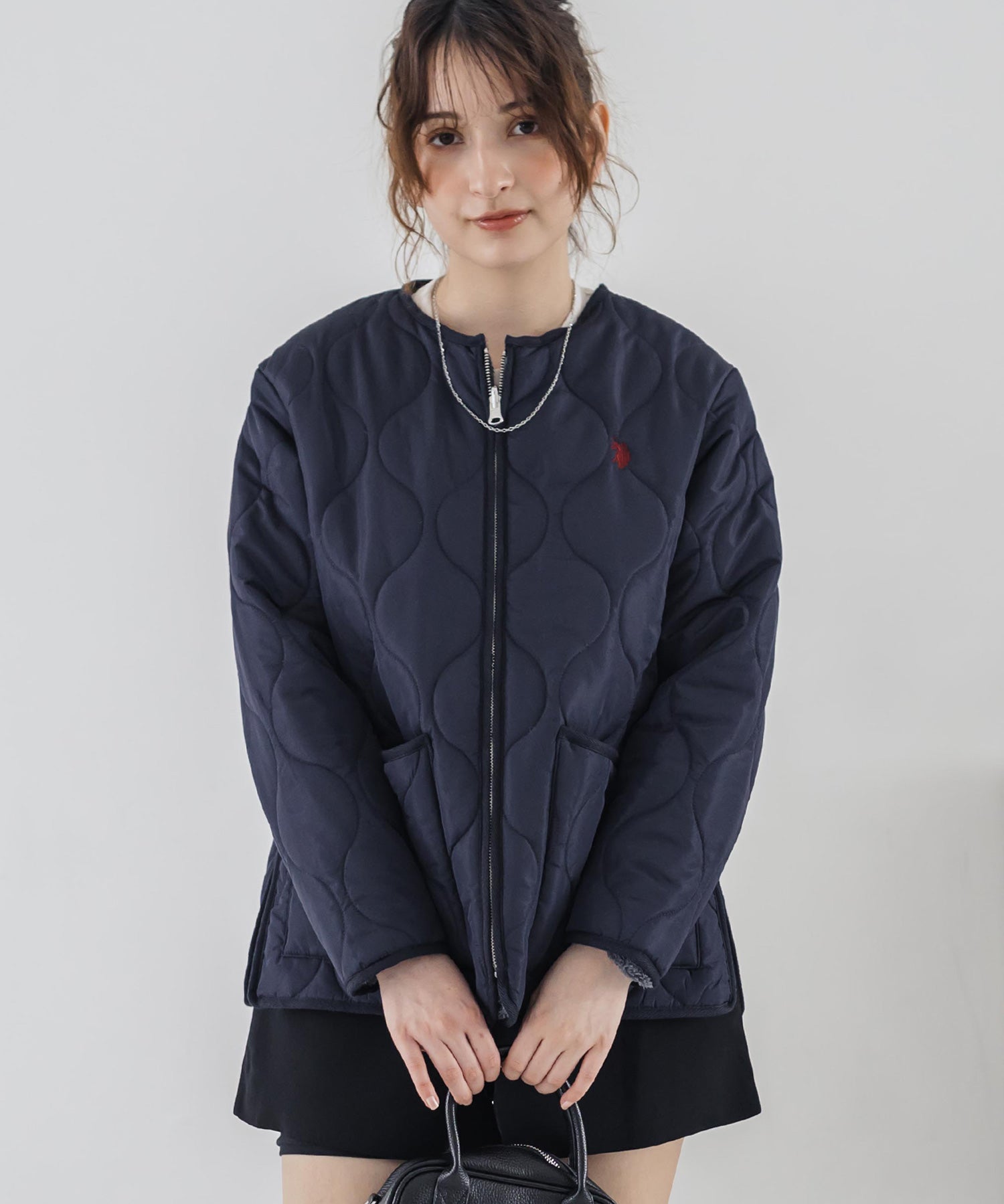 U.S. POLO ASSN. ユーエスポロアッスン W's 2WAYリバーシブルワンポイントロゴ刺繍中綿ノーカラーキルトジャケット/ボアジャケット 16585