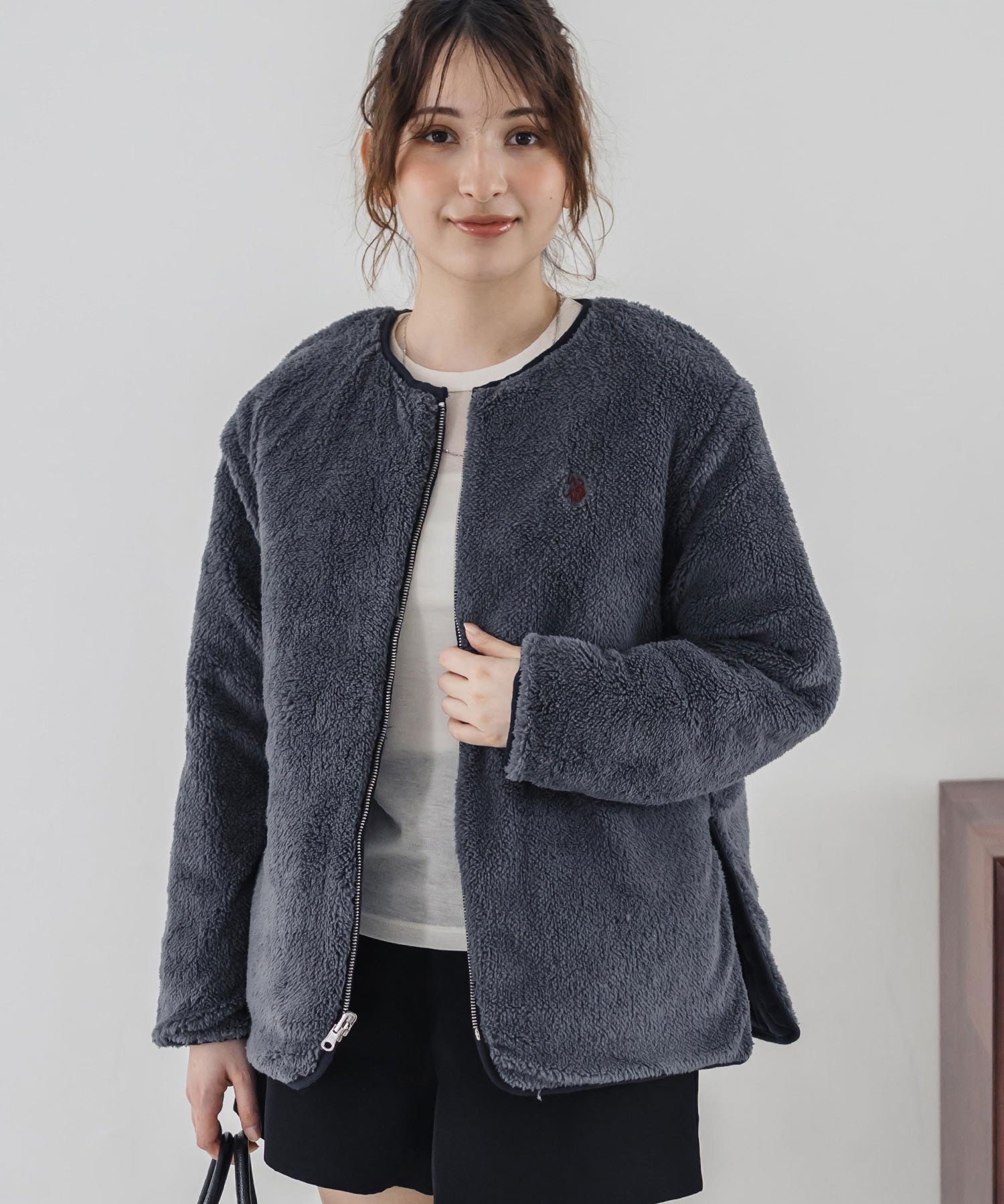 U.S. POLO ASSN. ユーエスポロアッスン W's 2WAYリバーシブルワンポイントロゴ刺繍中綿ノーカラーキルトジャケット/ボアジャケット 16585