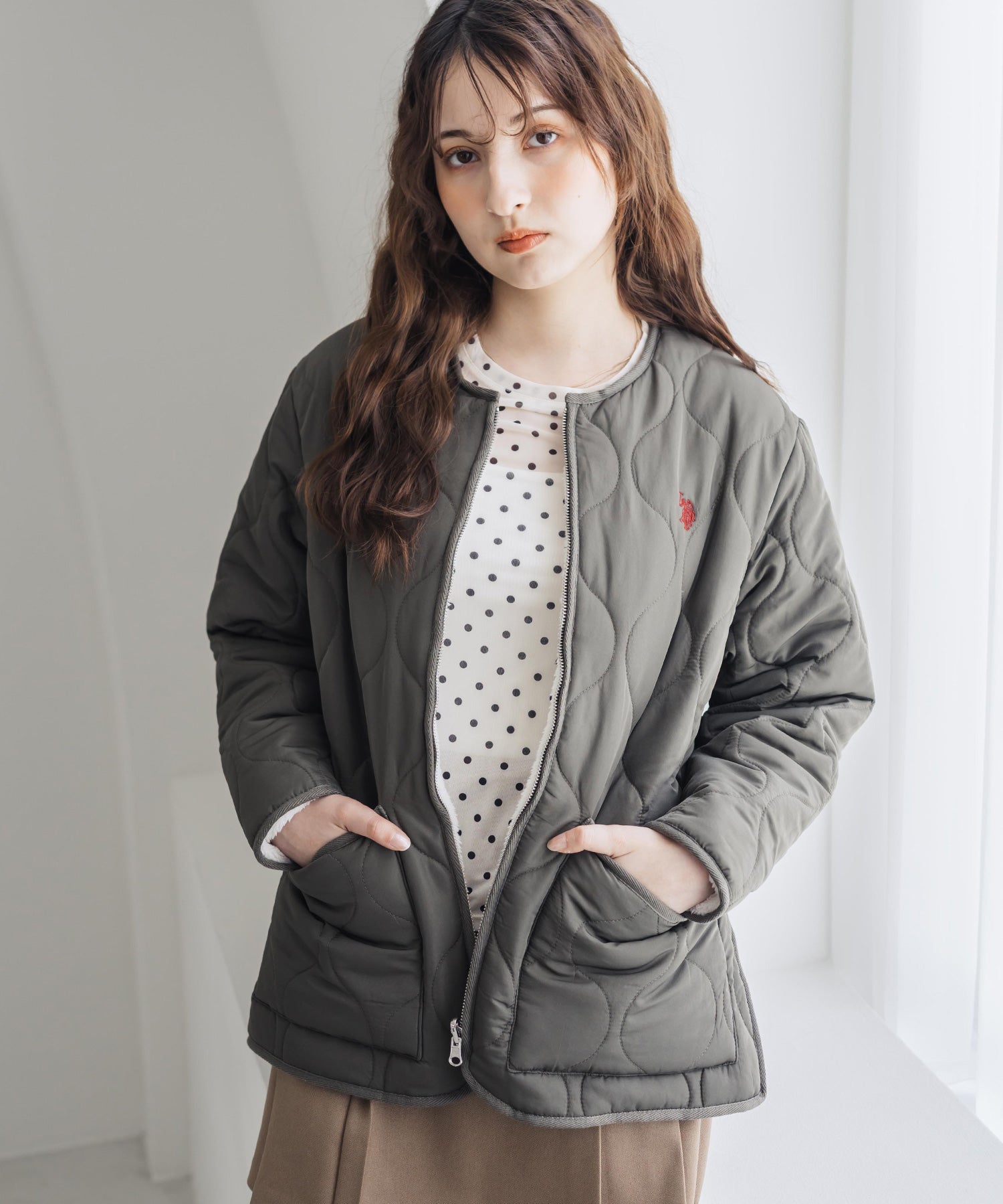 U.S. POLO ASSN. ユーエスポロアッスン W's 2WAYリバーシブルワンポイントロゴ刺繍中綿ノーカラーキルトジャケット/ボアジャケット 16585