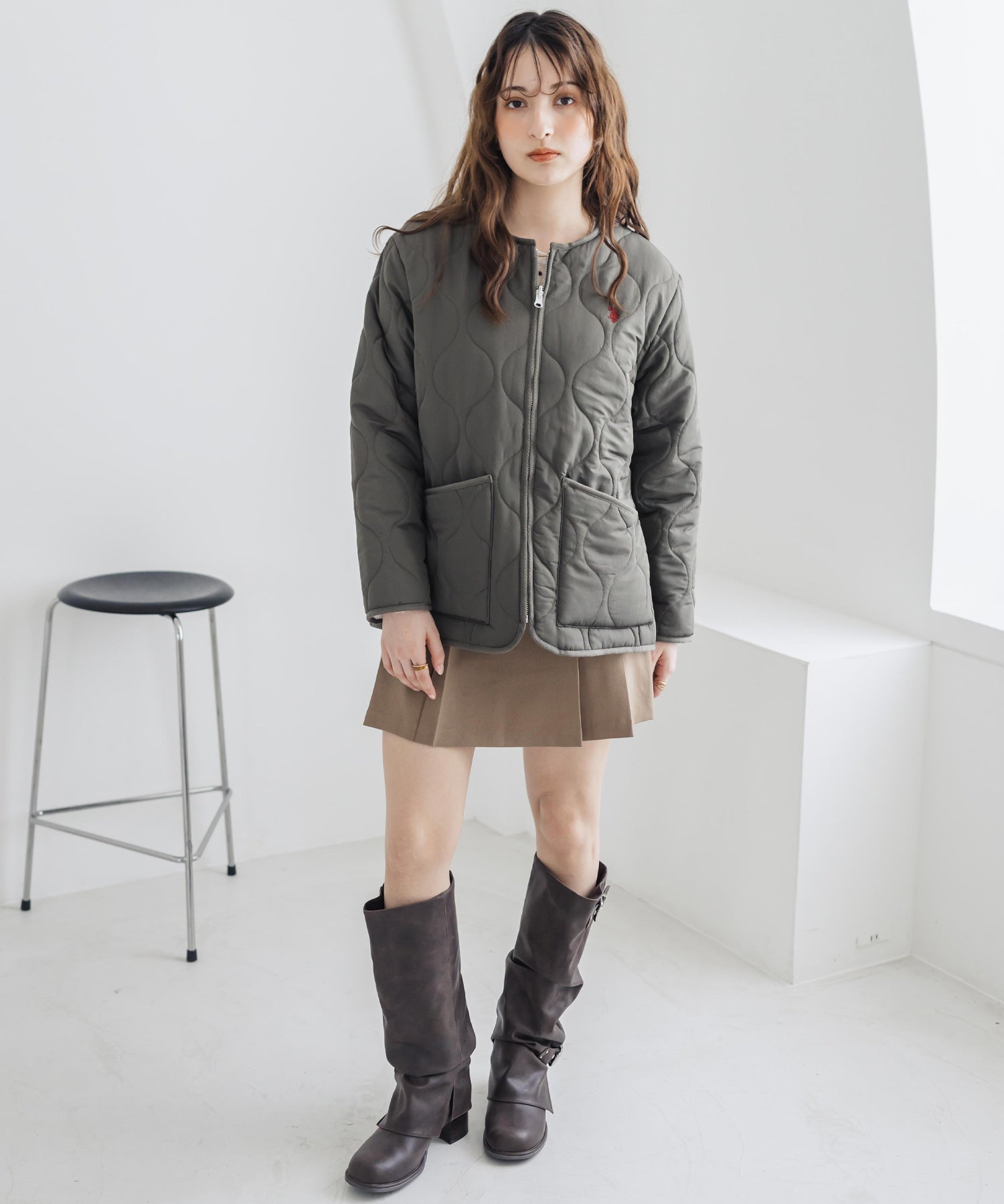 U.S. POLO ASSN. ユーエスポロアッスン W's 2WAYリバーシブルワンポイントロゴ刺繍中綿ノーカラーキルトジャケット/ボアジャケット 16585