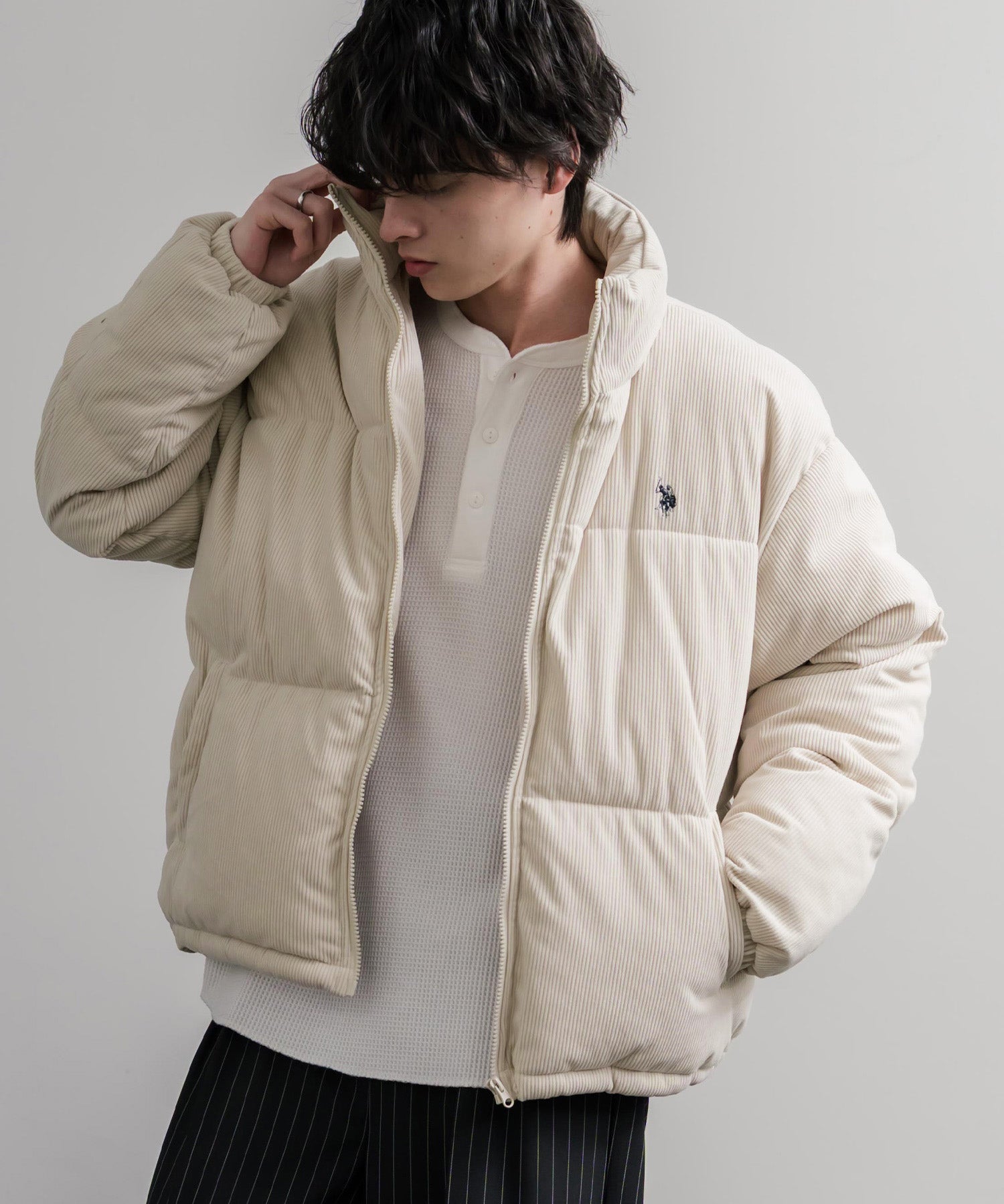 U.S. POLO ASSN. ユーエスポロアッスン オーバーサイズコーデュロイパファージャケット/ショート丈スタンドネックブルゾン/ロゴ刺繍中綿ジャケット 16593