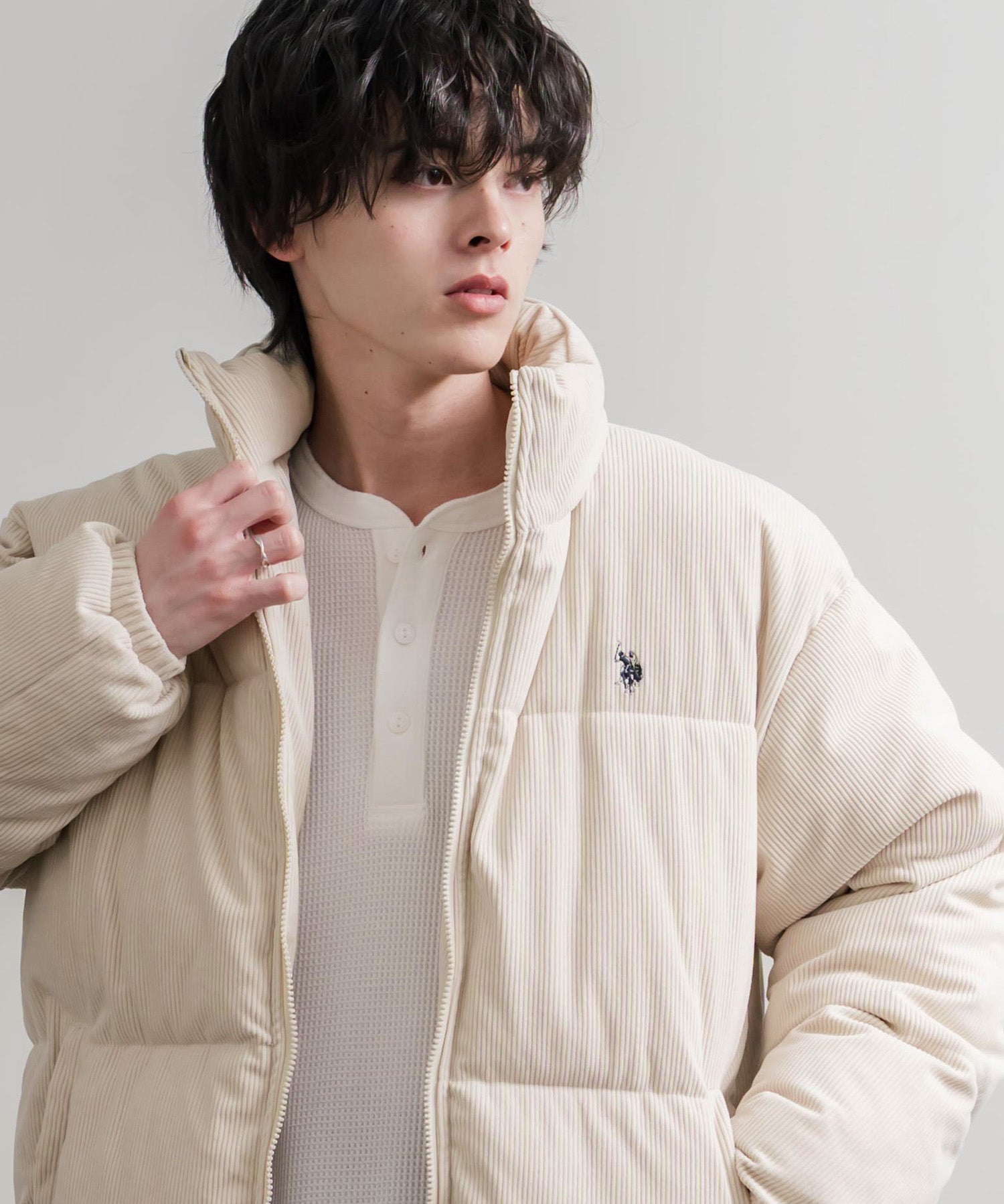 U.S. POLO ASSN. ユーエスポロアッスン オーバーサイズコーデュロイパファージャケット/ショート丈スタンドネックブルゾン/ロゴ刺繍中綿ジャケット 16593