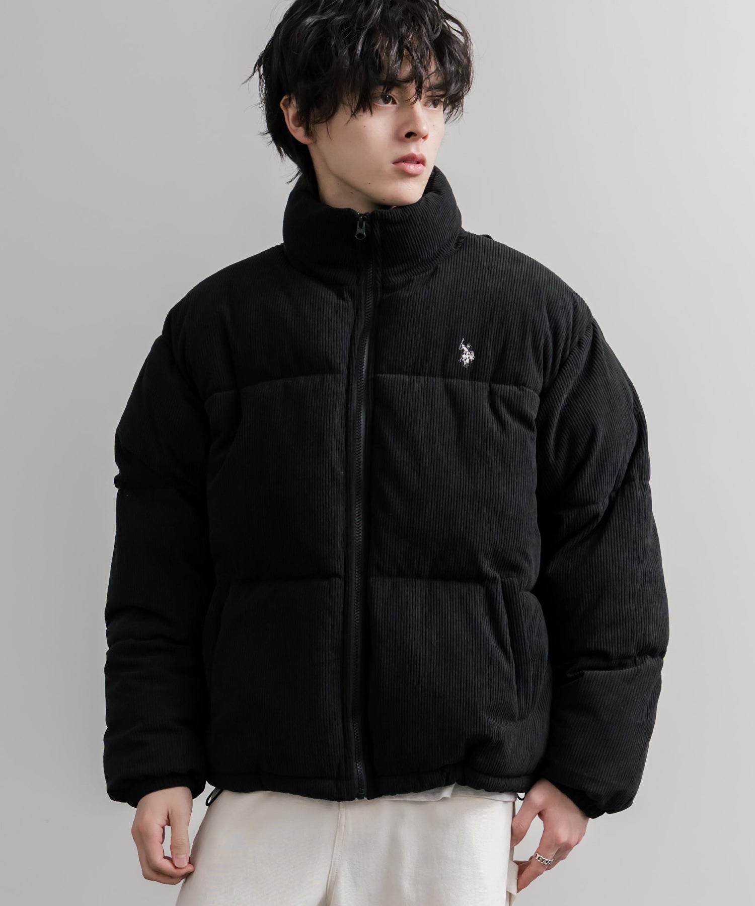 U.S. POLO ASSN. ユーエスポロアッスン オーバーサイズコーデュロイパファージャケット/ショート丈スタンドネックブルゾン/ロゴ刺繍中綿ジャケット 16593