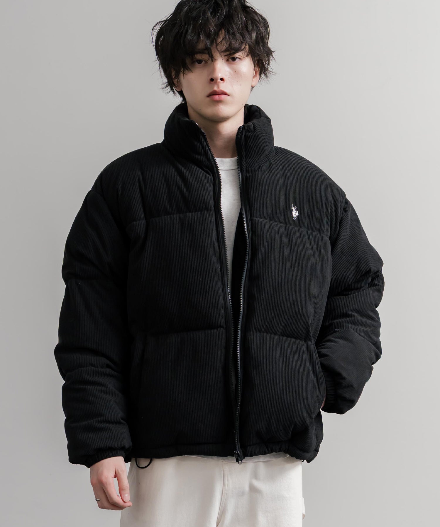 U.S. POLO ASSN. ユーエスポロアッスン オーバーサイズコーデュロイパファージャケット/ショート丈スタンドネックブルゾン/ロゴ刺繍中綿ジャケット 16593