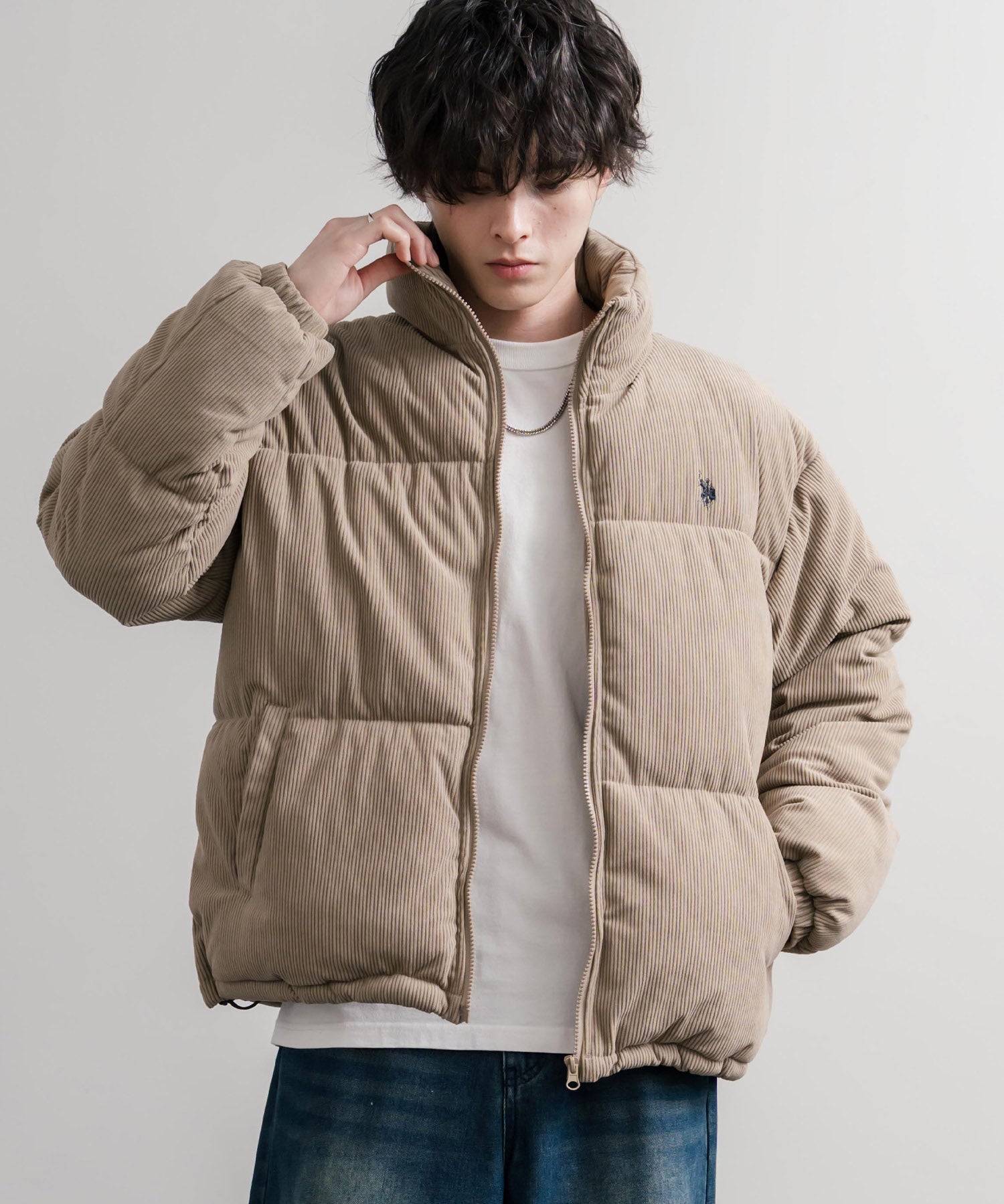 U.S. POLO ASSN. ユーエスポロアッスン オーバーサイズコーデュロイパファージャケット/ショート丈スタンドネックブルゾン/ロゴ刺繍中綿ジャケット 16593