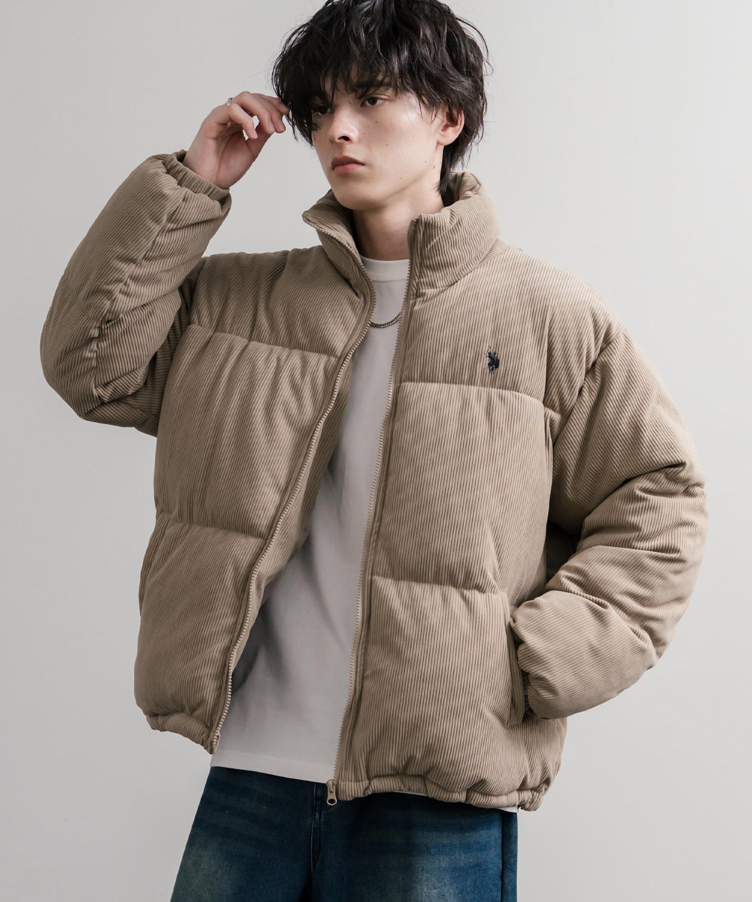 U.S. POLO ASSN. ユーエスポロアッスン オーバーサイズコーデュロイパファージャケット/ショート丈スタンドネックブルゾン/ロゴ刺繍中綿ジャケット 16593