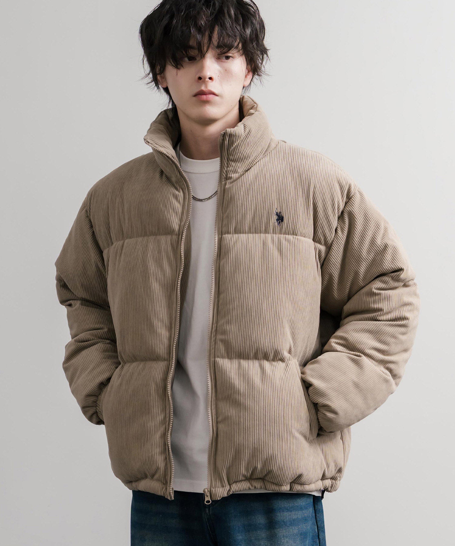 U.S. POLO ASSN. ユーエスポロアッスン オーバーサイズコーデュロイパファージャケット/ショート丈スタンドネックブルゾン/ロゴ刺繍中綿ジャケット 16593