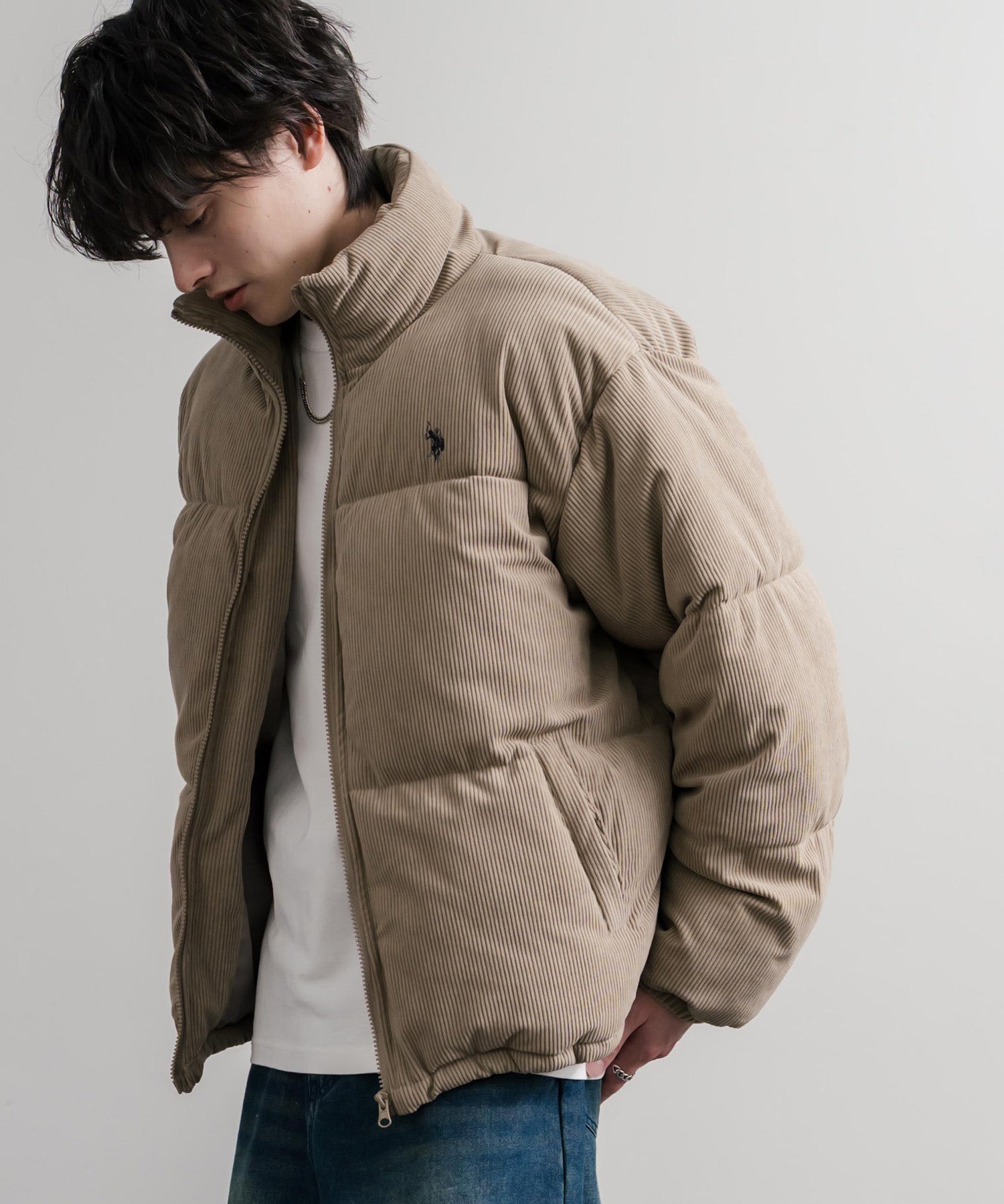 U.S. POLO ASSN. ユーエスポロアッスン オーバーサイズコーデュロイパファージャケット/ショート丈スタンドネックブルゾン/ロゴ刺繍中綿ジャケット 16593