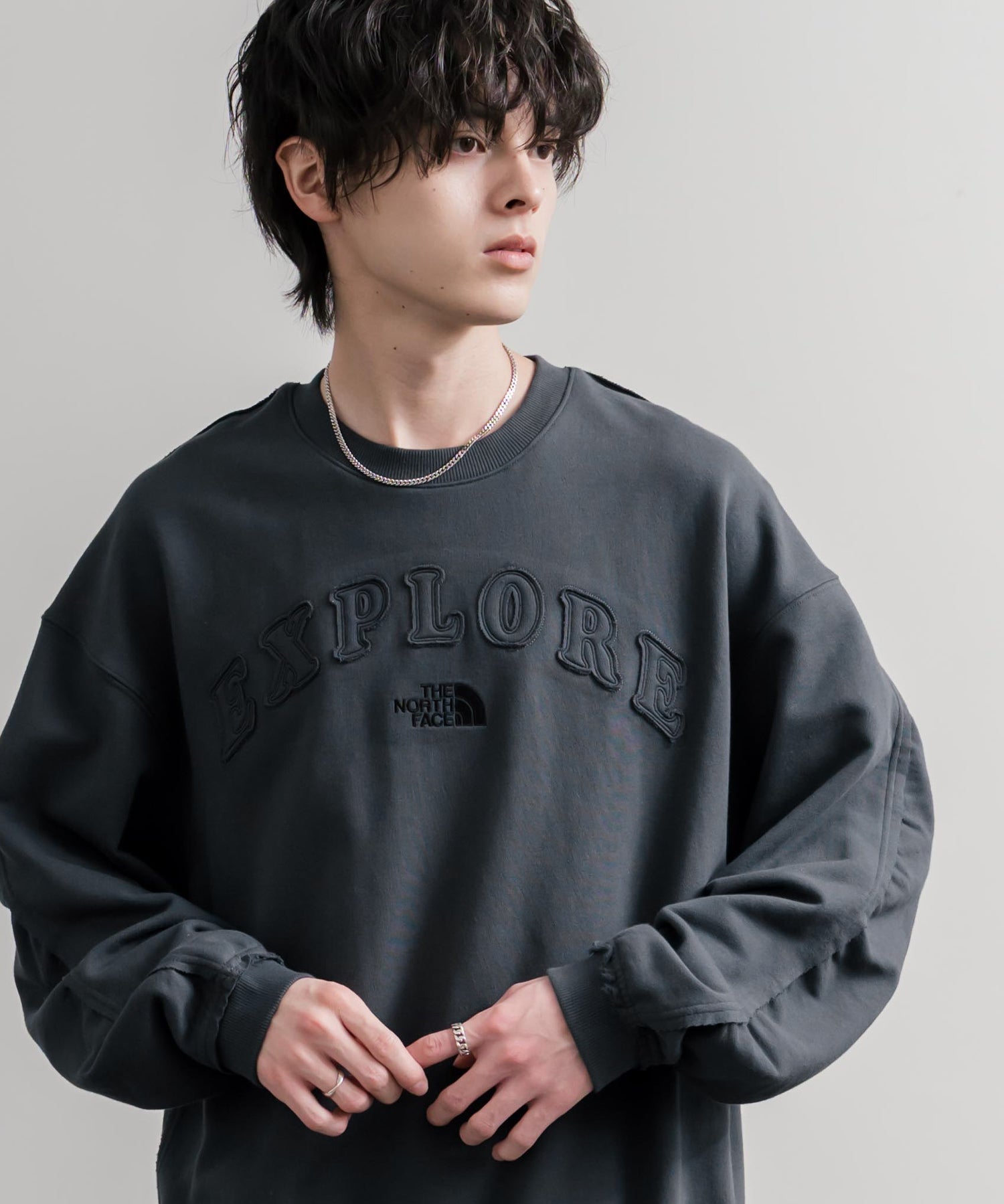 日本未展開モデル THE NORTH FACE ザ・ノースフェイス WHITE LABEL ホワイトレーベル EXPLORE SWEATSHIRTS アップリケ刺繍裏毛長袖スウェット/アーチロゴトレーナー 16595