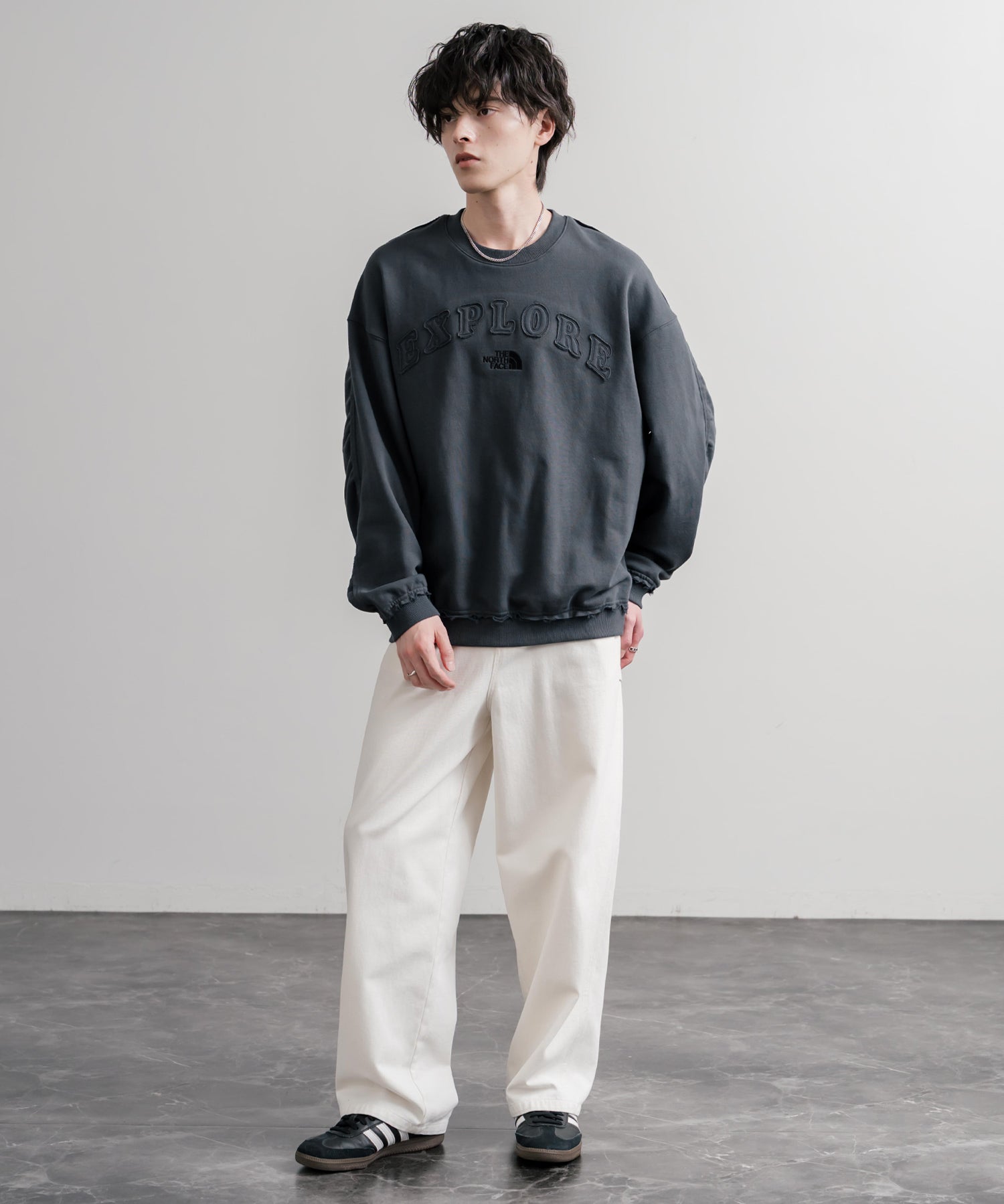日本未展開モデル THE NORTH FACE ザ・ノースフェイス WHITE LABEL ホワイトレーベル EXPLORE SWEATSHIRTS アップリケ刺繍裏毛長袖スウェット/アーチロゴトレーナー 16595
