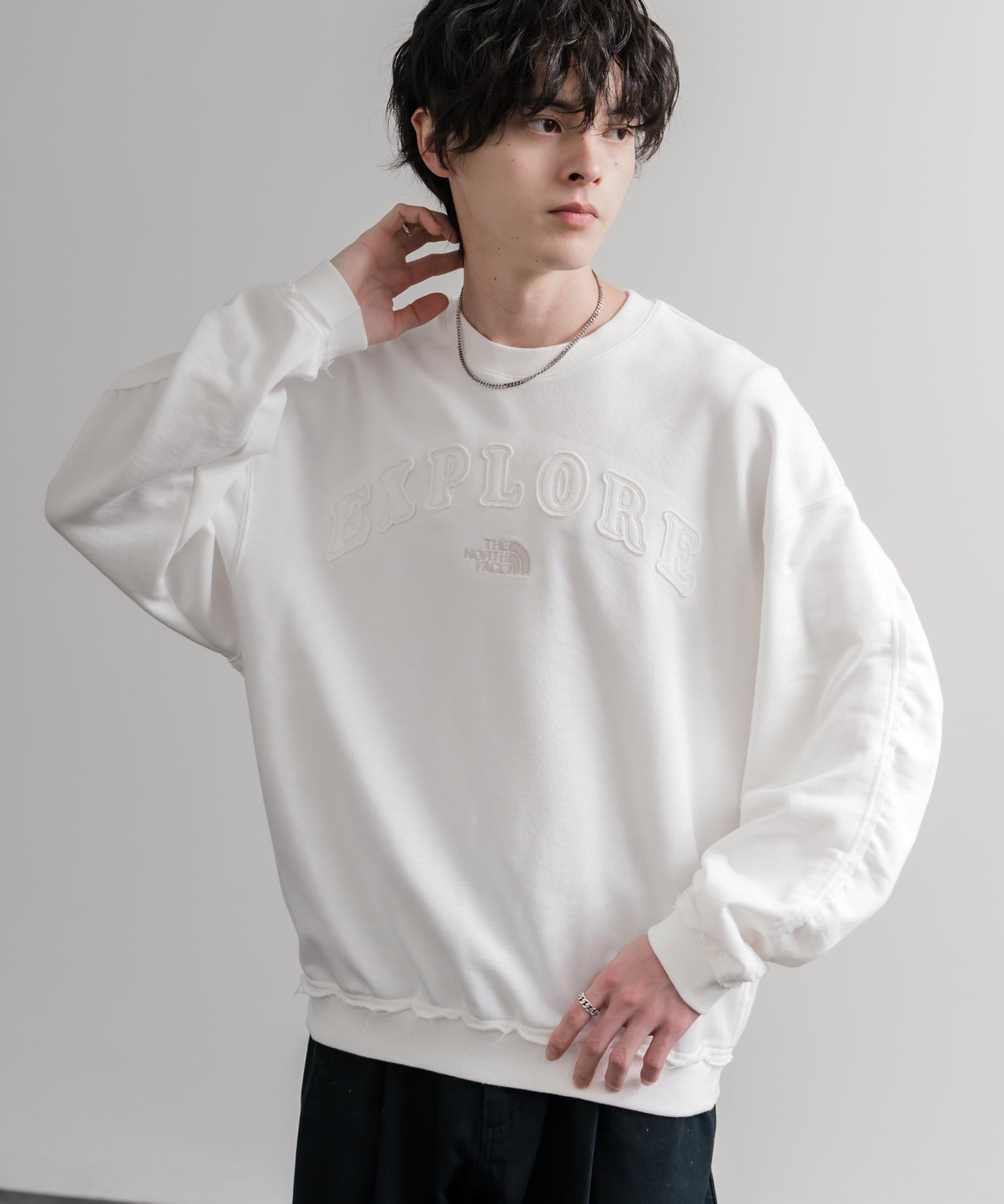 日本未展開モデル THE NORTH FACE ザ・ノースフェイス WHITE LABEL ホワイトレーベル EXPLORE SWEATSHIRTS アップリケ刺繍裏毛長袖スウェット/アーチロゴトレーナー 16595