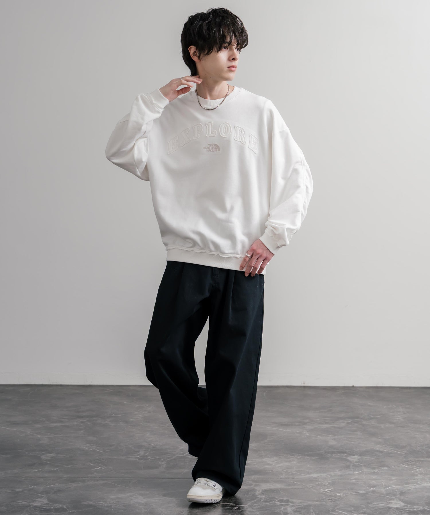 日本未展開モデル THE NORTH FACE ザ・ノースフェイス WHITE LABEL ホワイトレーベル EXPLORE SWEATSHIRTS アップリケ刺繍裏毛長袖スウェット/アーチロゴトレーナー 16595