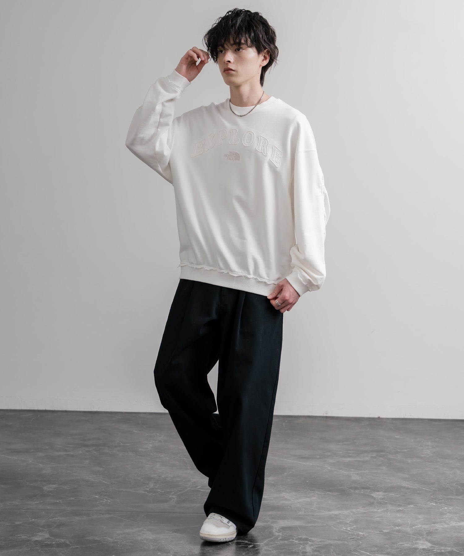 日本未展開モデル THE NORTH FACE ザ・ノースフェイス WHITE LABEL ホワイトレーベル EXPLORE SWEATSHIRTS アップリケ刺繍裏毛長袖スウェット/アーチロゴトレーナー 16595