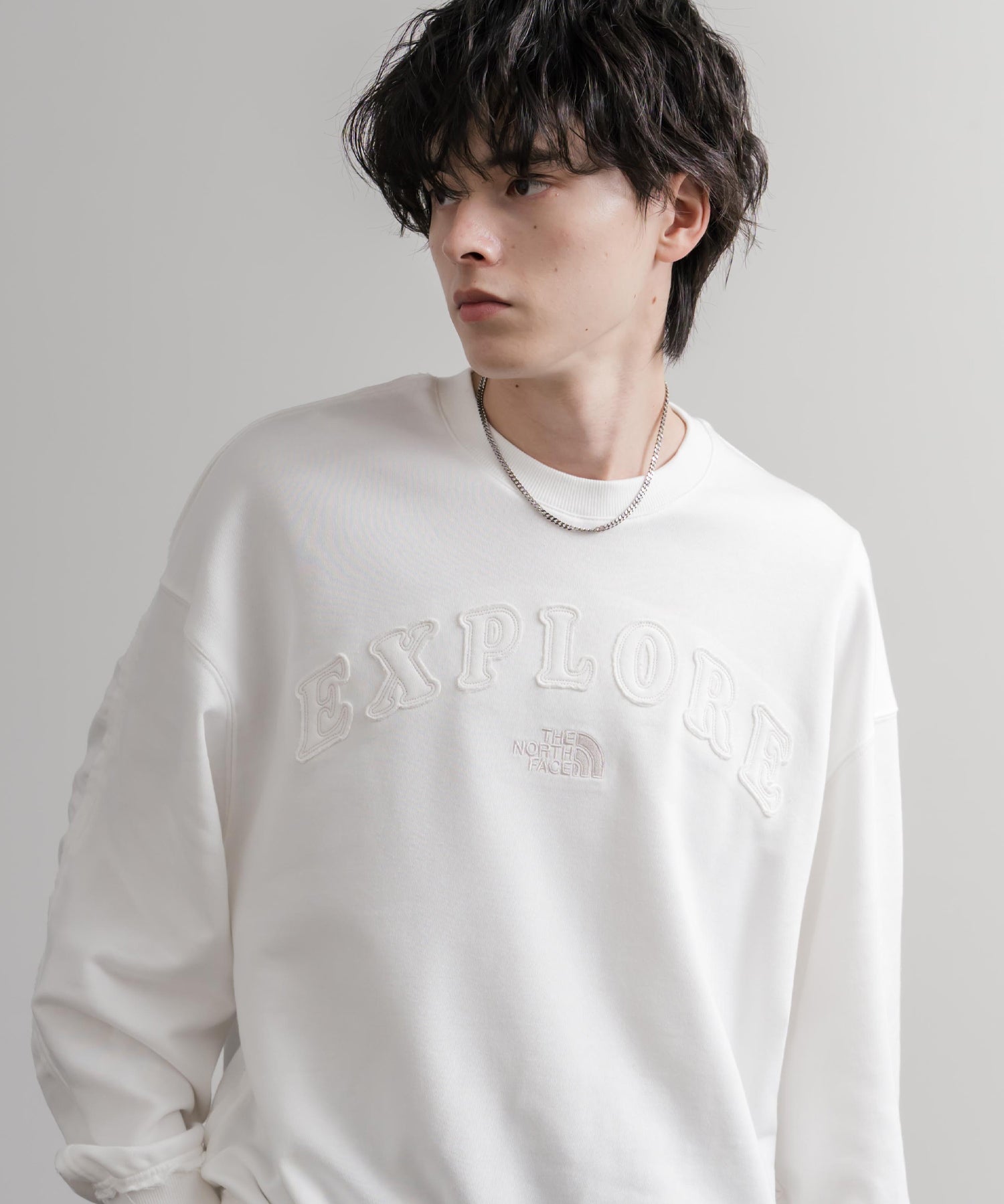 日本未展開モデル THE NORTH FACE ザ・ノースフェイス WHITE LABEL ホワイトレーベル EXPLORE SWEATSHIRTS アップリケ刺繍裏毛長袖スウェット/アーチロゴトレーナー 16595