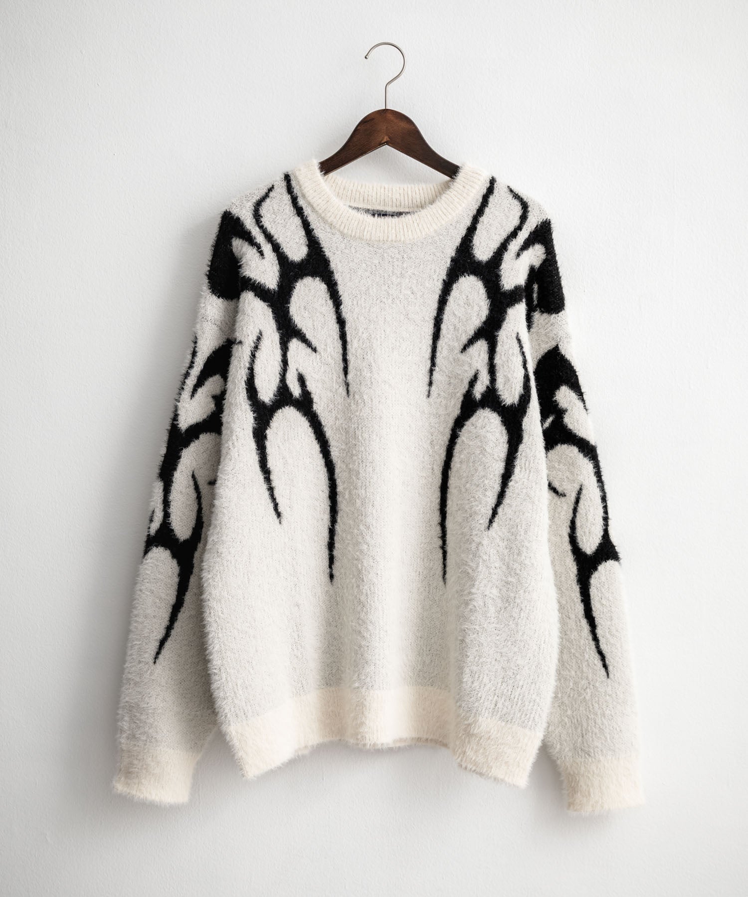 5Gフェザーヤーンジャガードトライバル柄ルーズクルーネック長袖ニット 15191