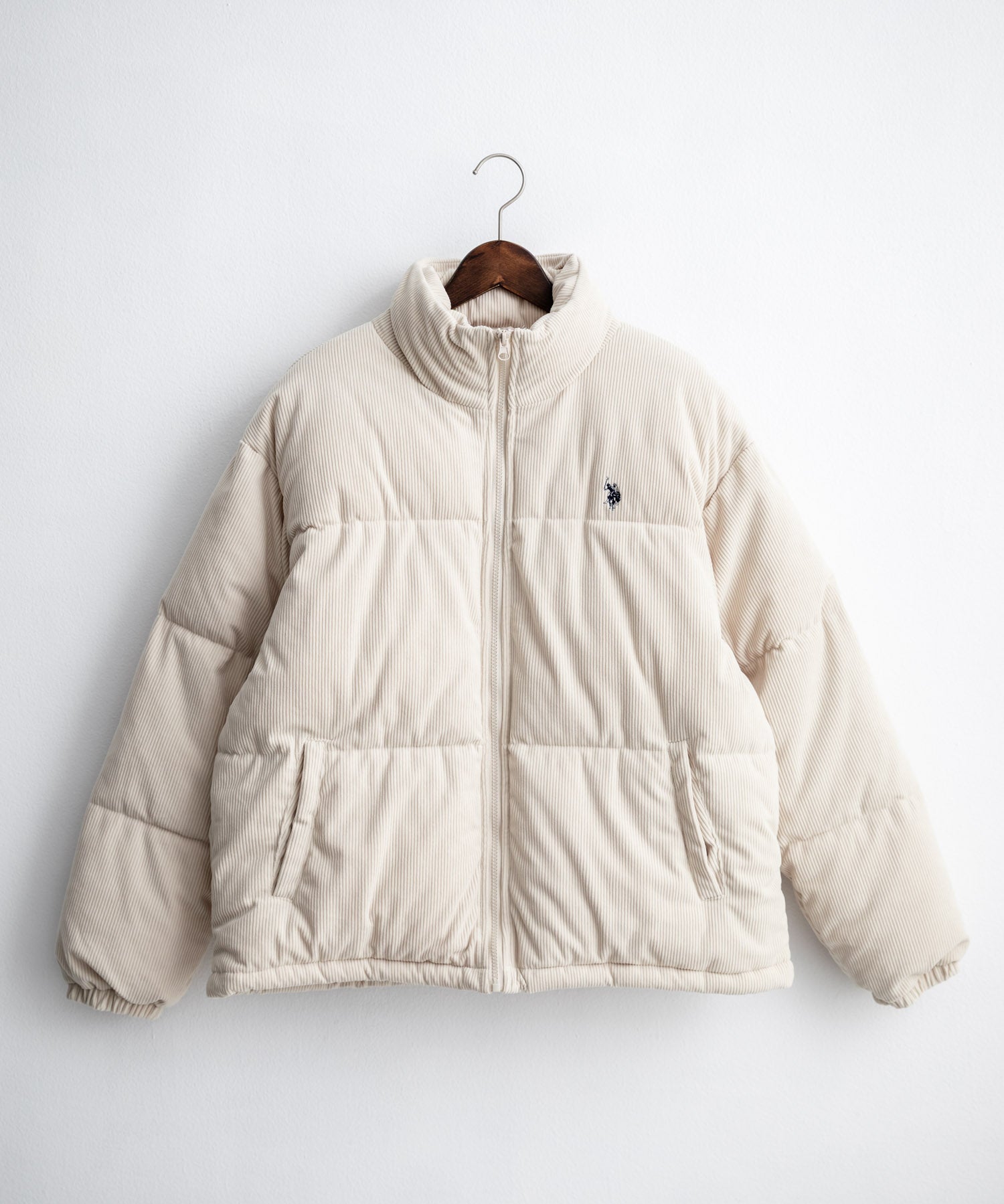 U.S. POLO ASSN. ユーエスポロアッスン オーバーサイズコーデュロイパファージャケット/ショート丈スタンドネックブルゾン/ロゴ刺繍中綿ジャケット 16593