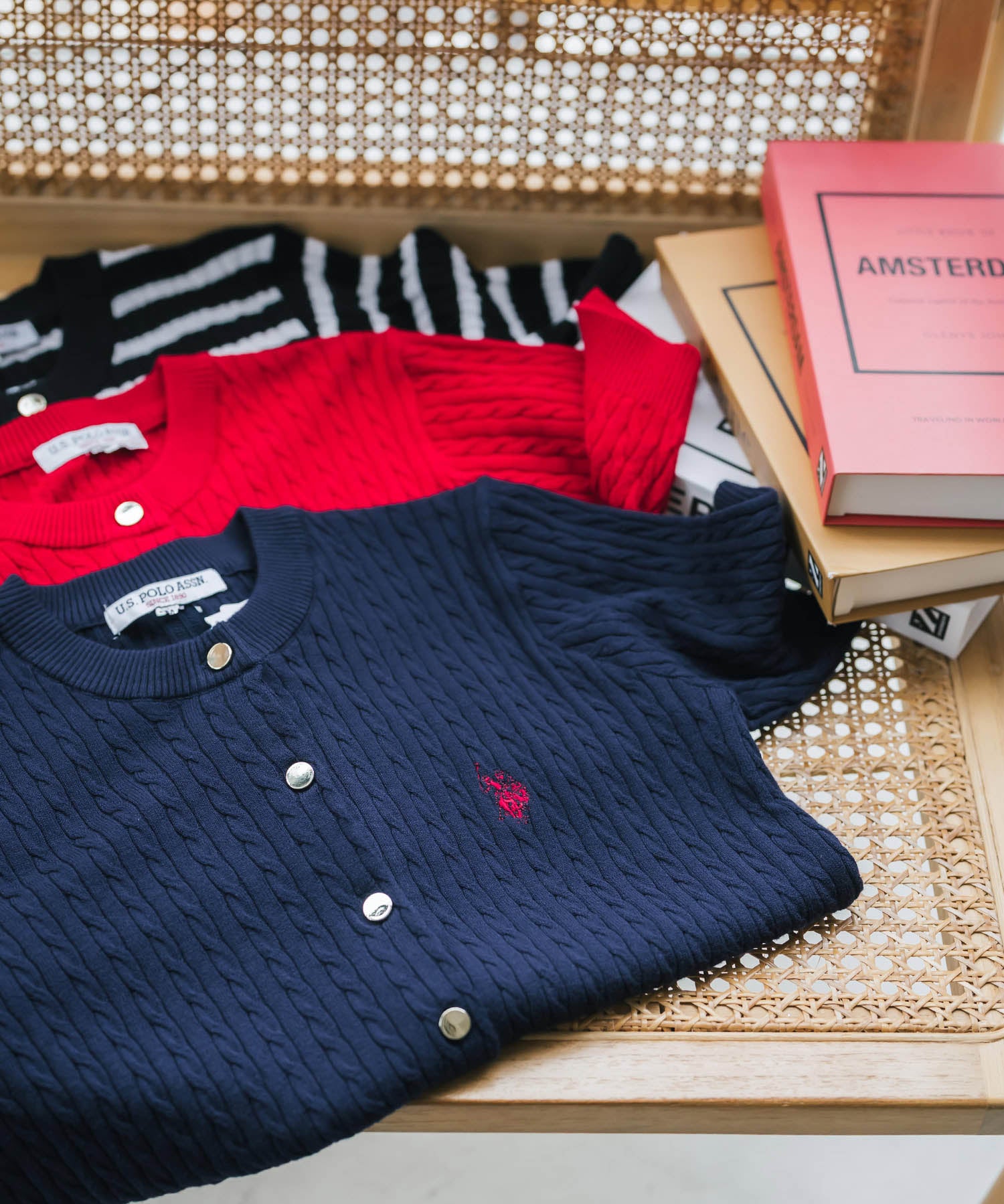 U.S. POLO ASSN. ユーエスポロアッスン W's ワンポイントロゴ刺繍ケーブル半袖カーディガン 無地/ボーダー 15899