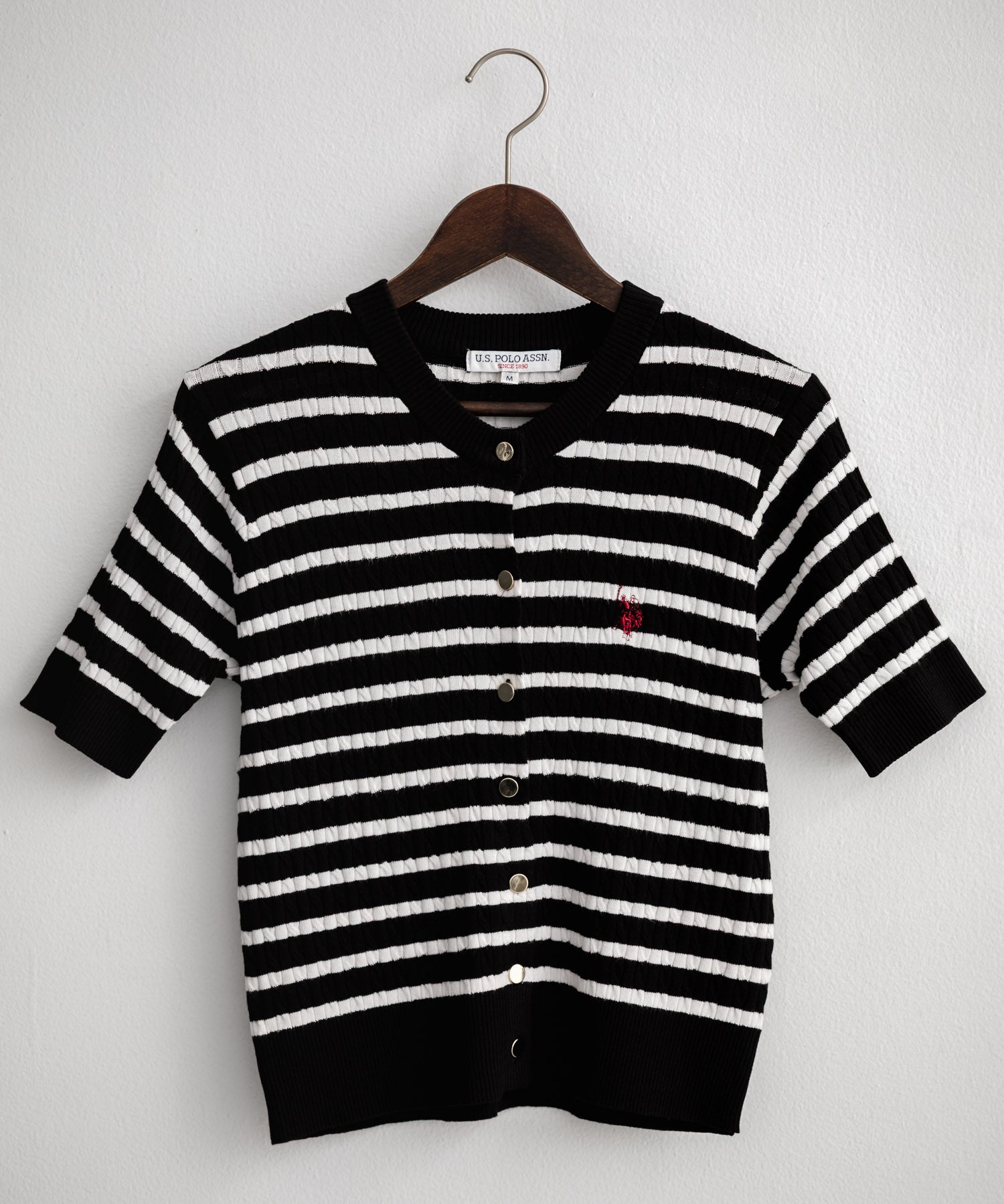 U.S. POLO ASSN. ユーエスポロアッスン W's ワンポイントロゴ刺繍ケーブル半袖カーディガン 無地/ボーダー 15899
