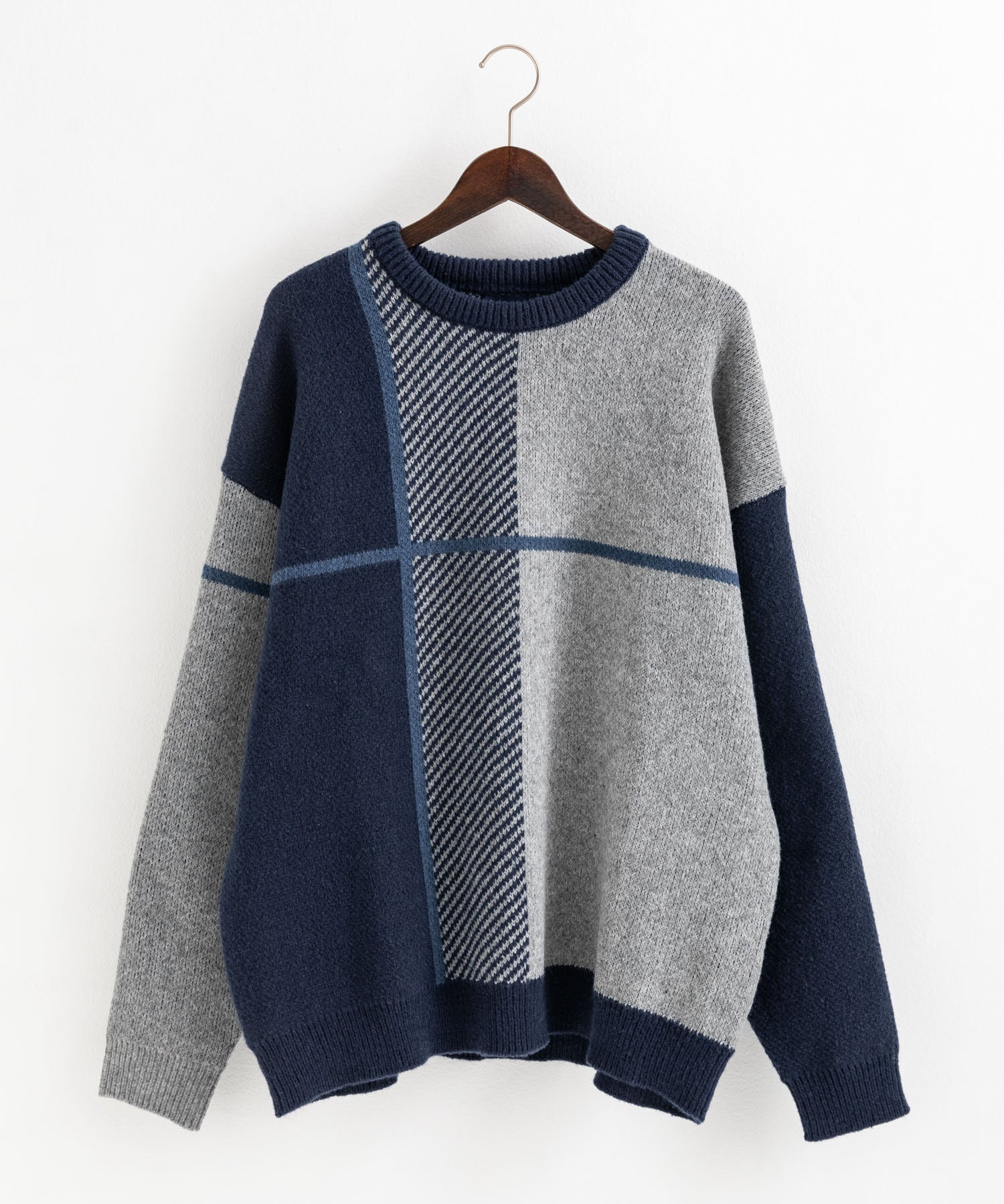 新色追加 オーバーサイズ クロスチェック柄クルーニット　14052