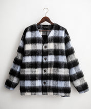 Upscape Audience アップスケープオーディエンス 日本製 国産 ECOLANA オーバーサイズシャギーチェックノーカラージャケット AUD7339 14897