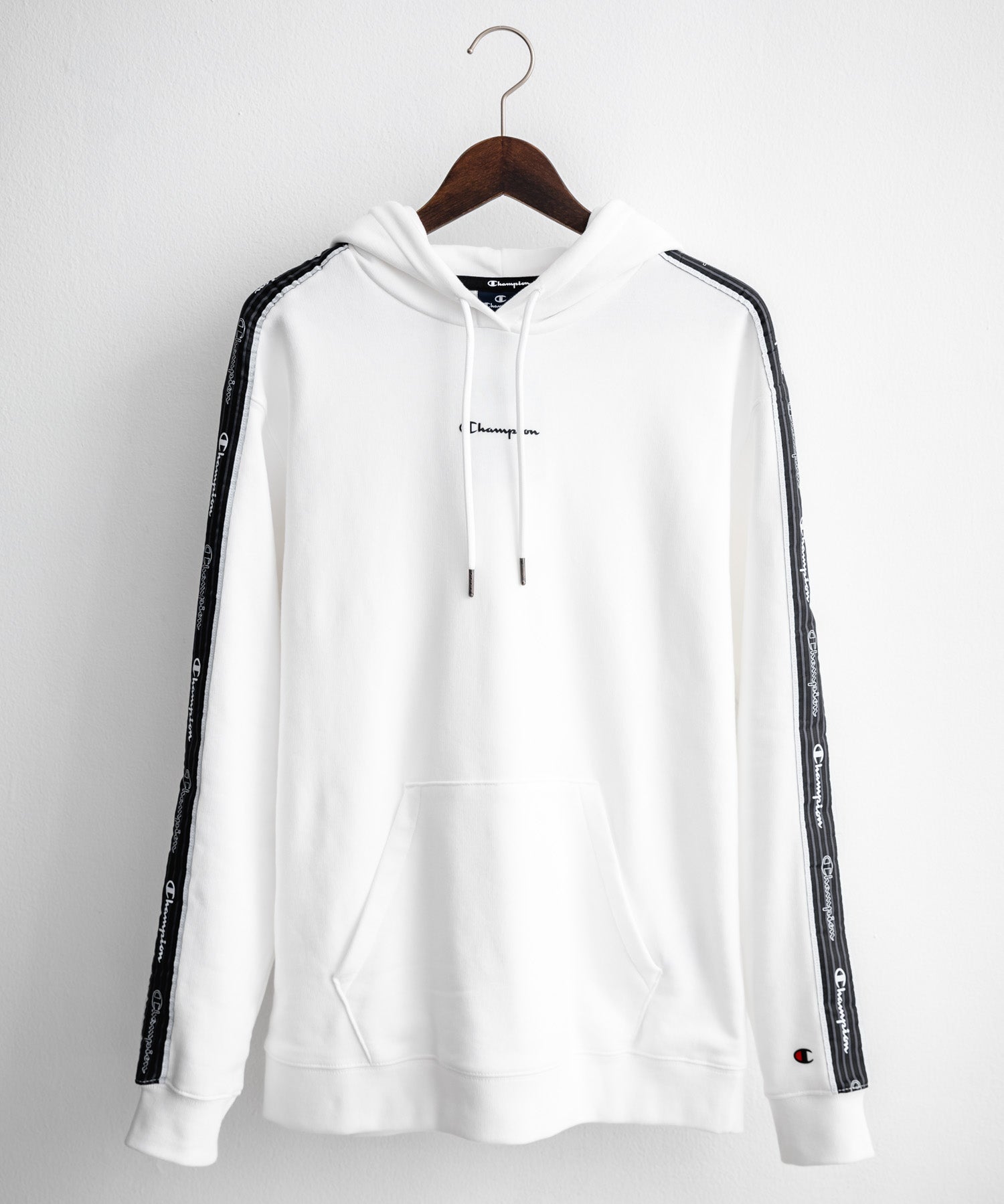 Champion チャンピオン オーバーサイズ袖ラインロゴ裏毛プルオーバーパーカー Mens Hooded Sweatshirt