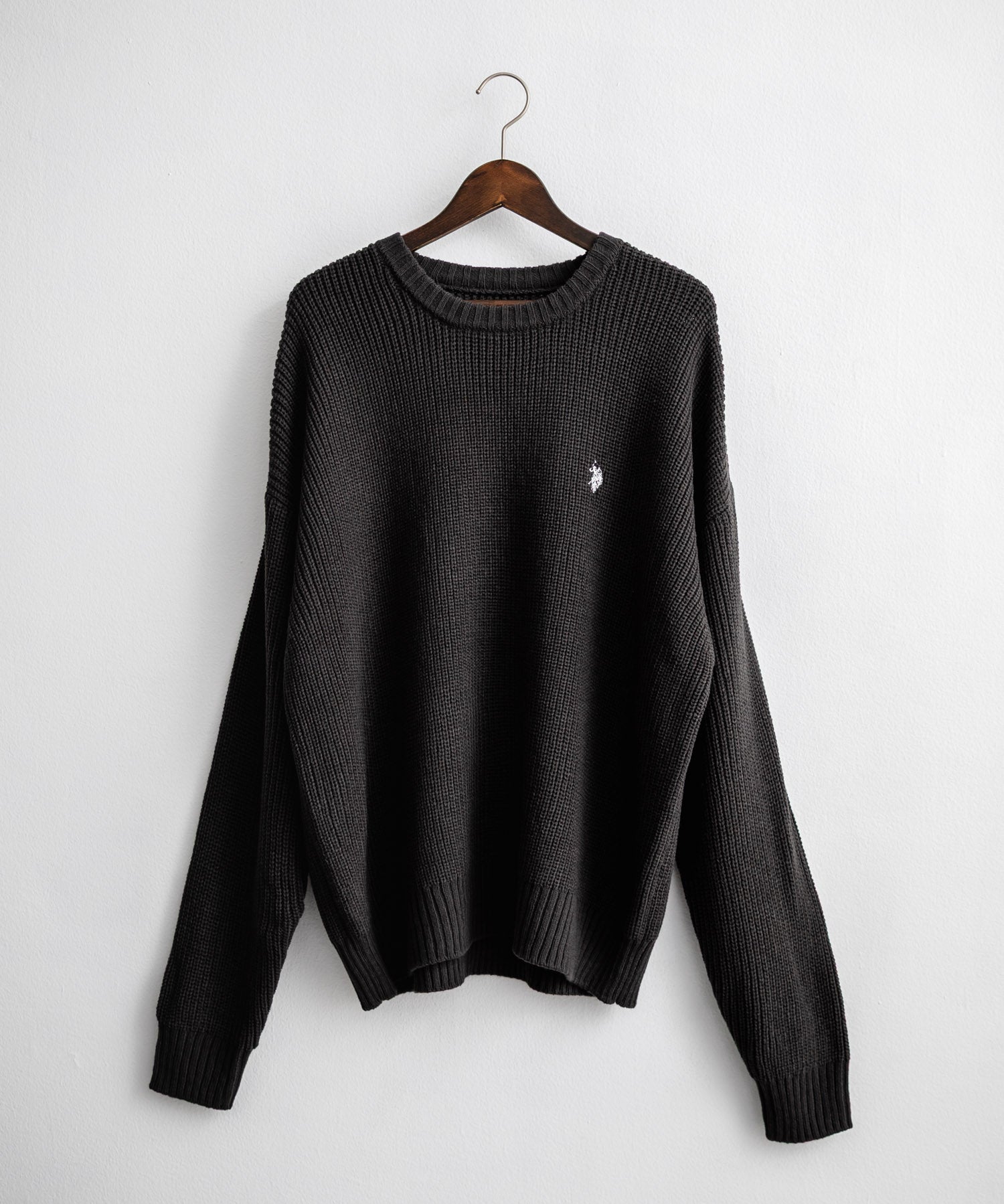新色追加 U.S. POLO ASSN. ユーエスポロアッスン 別注コラボ オーバーサイズワンポイントロゴ刺繍畦編みクルーネック長袖ニットセーター 14768