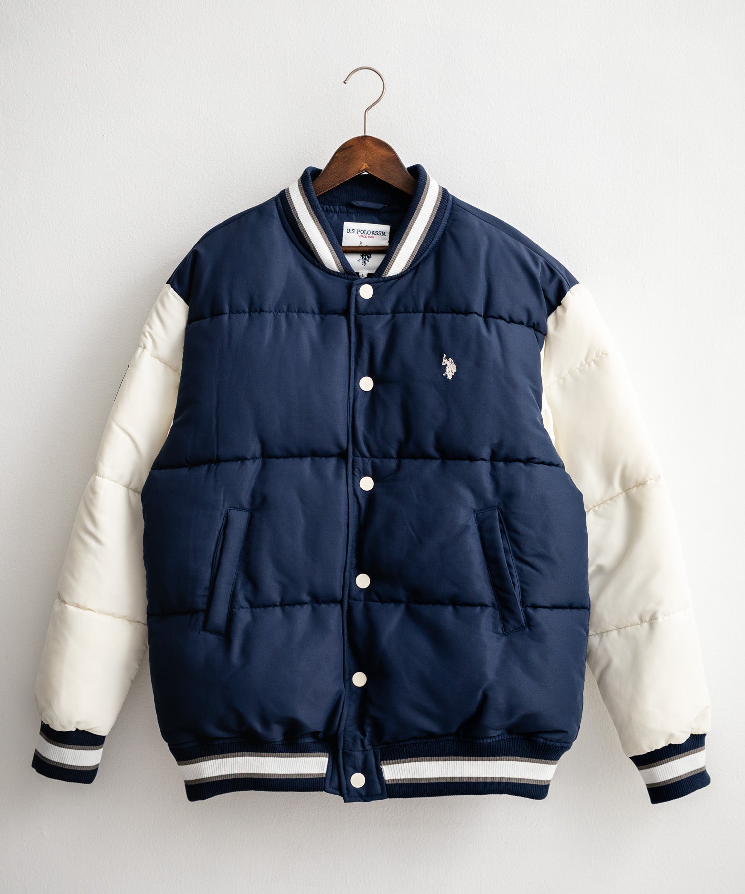 U.S. POLO ASSN. ユーエスポロアッスン PADDED VARSITY JACKET オーバーサイズワンポイントロゴ刺繍中綿スタジャン / 配色切替パデッドジャケット 14894
