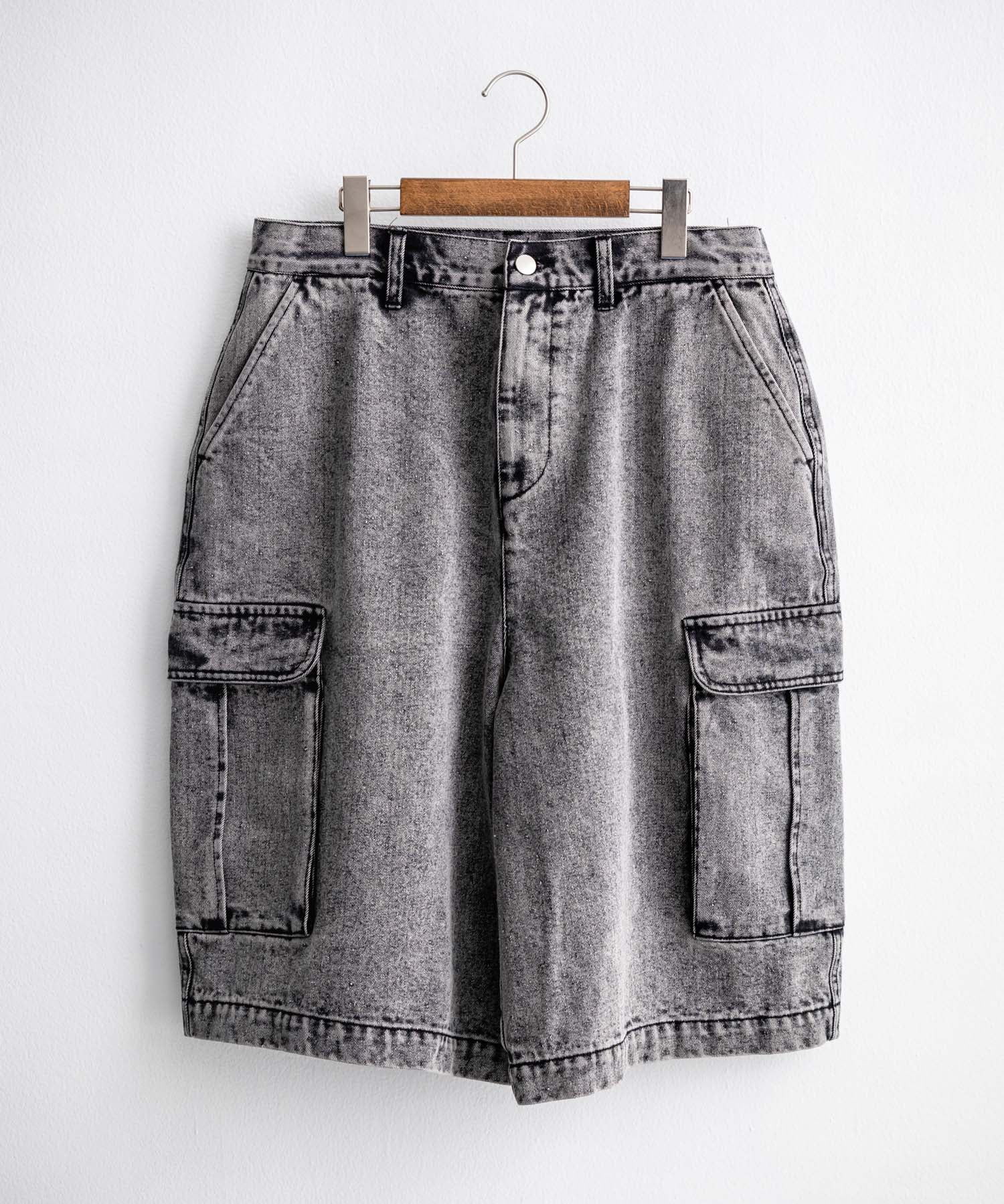 ケミカルウォッシュ オーバーダイ ワイドデニムカーゴハーフパンツ 15733