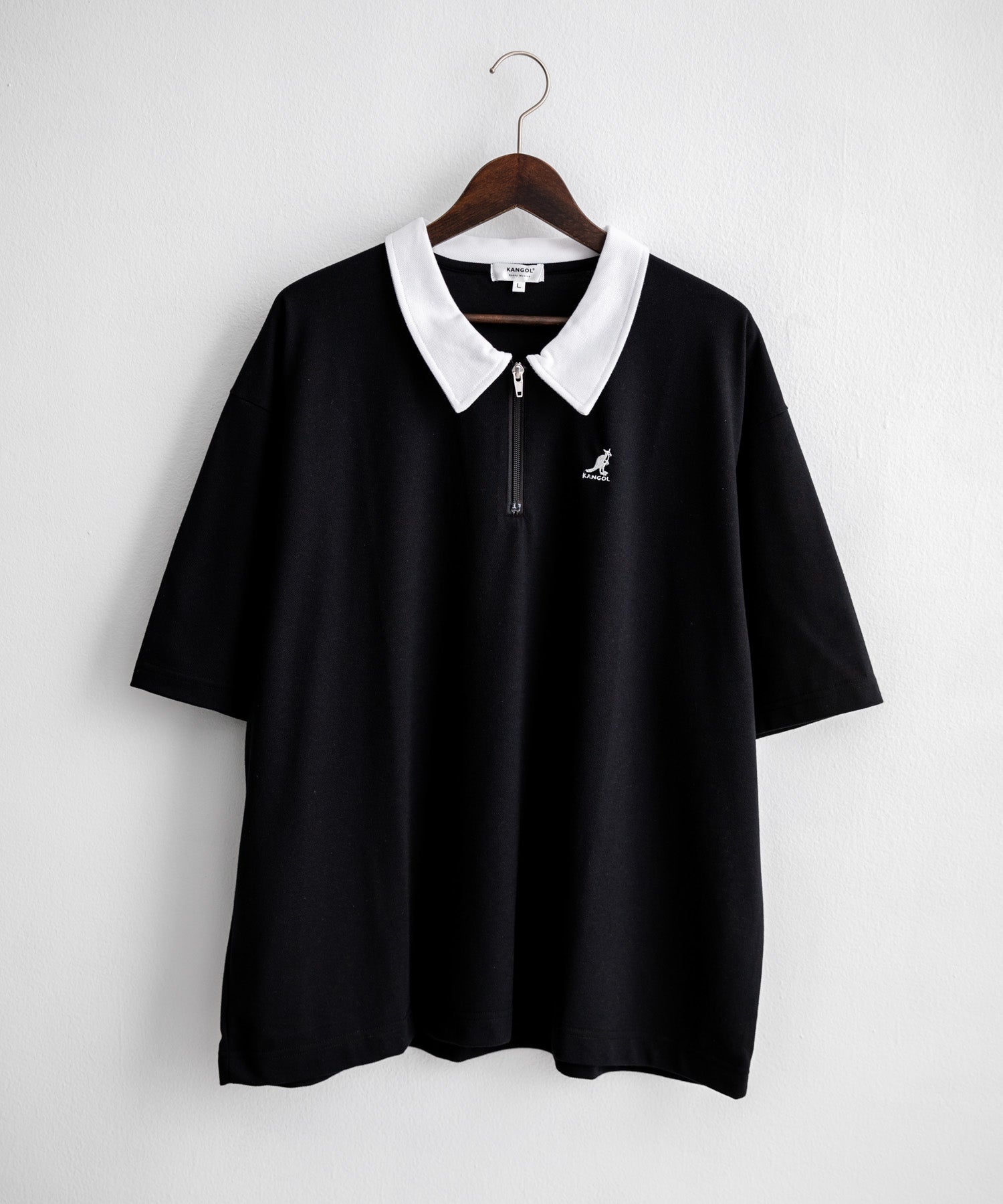 KANGOL カンゴール 別注コラボ 鹿の子ハーフジップクレリックカラー/オーバーサイズロゴ刺繍半袖ポロシャツ