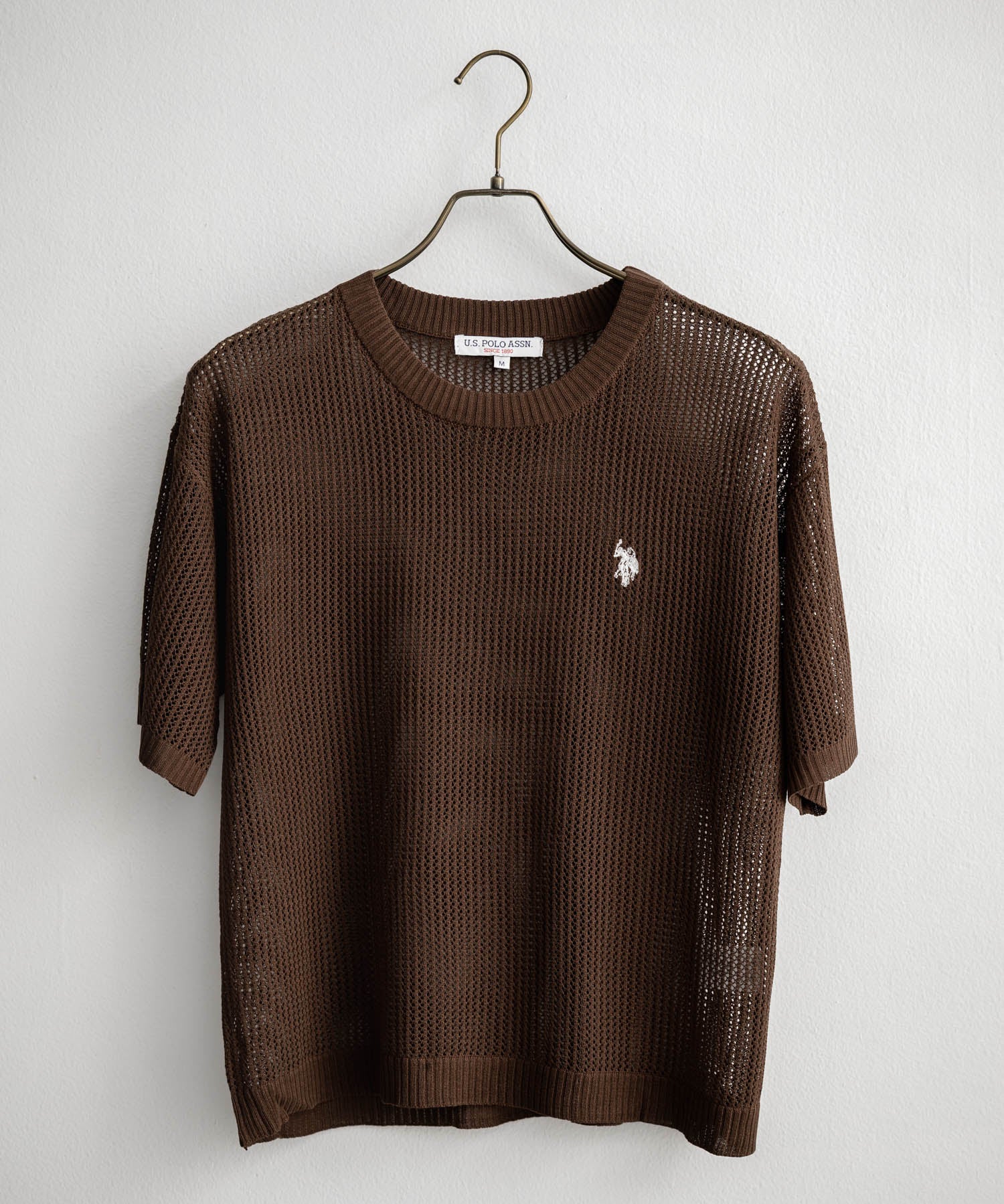 U.S. POLO ASSN. ユーエスポロアッスン W's ワンポイントロゴ刺繍透かし編み半端袖プルオーバーニット 15900